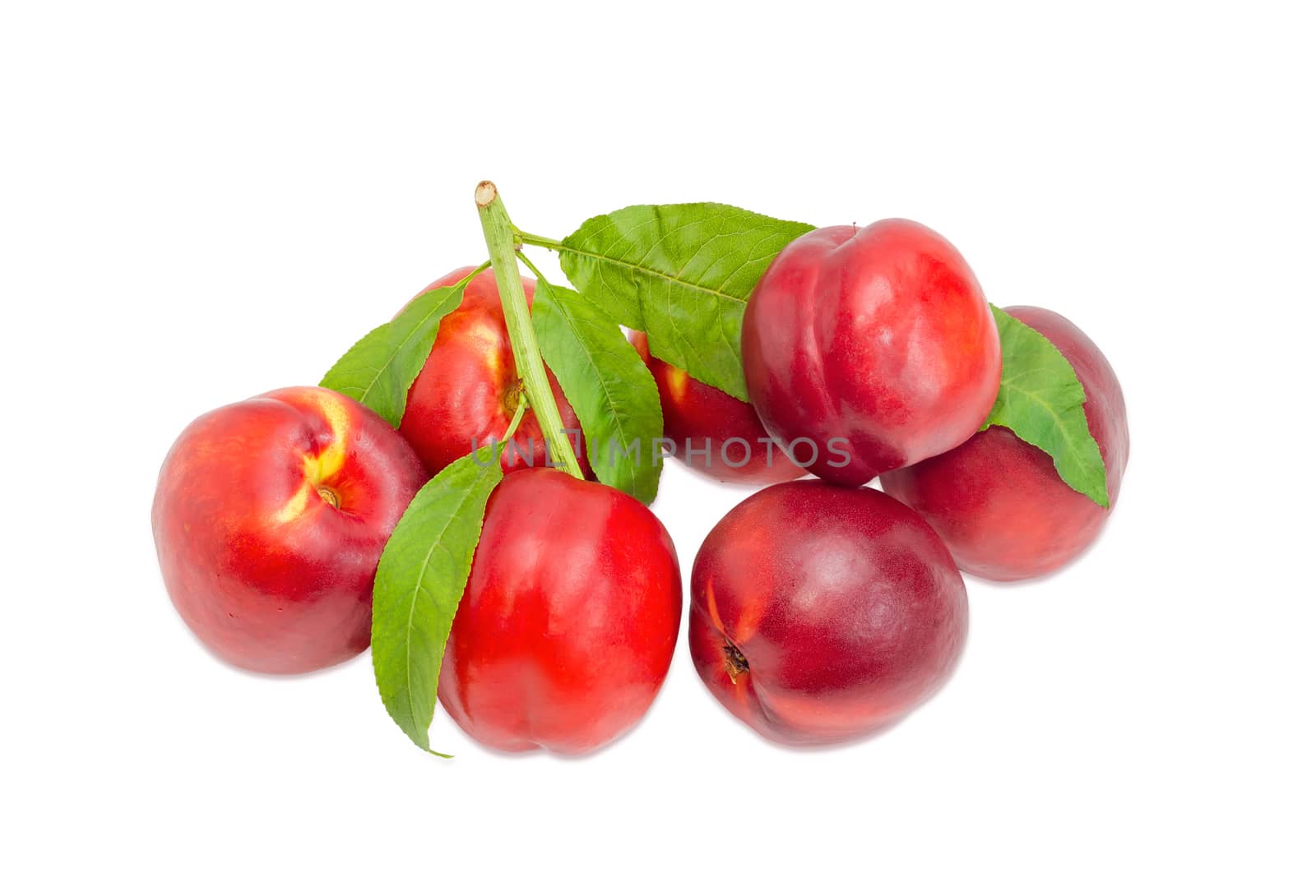 Pile of the ripe fresh nectarines with twig and leaves on a light background
