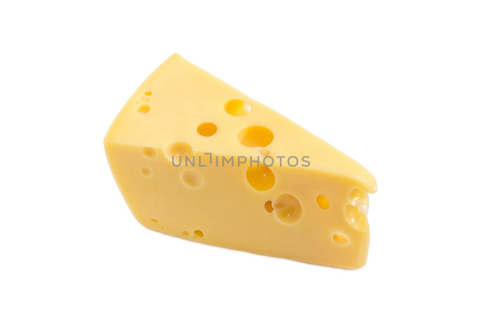 Piece of the medium-hard Swiss cheese with cheese's eyes on a light background
