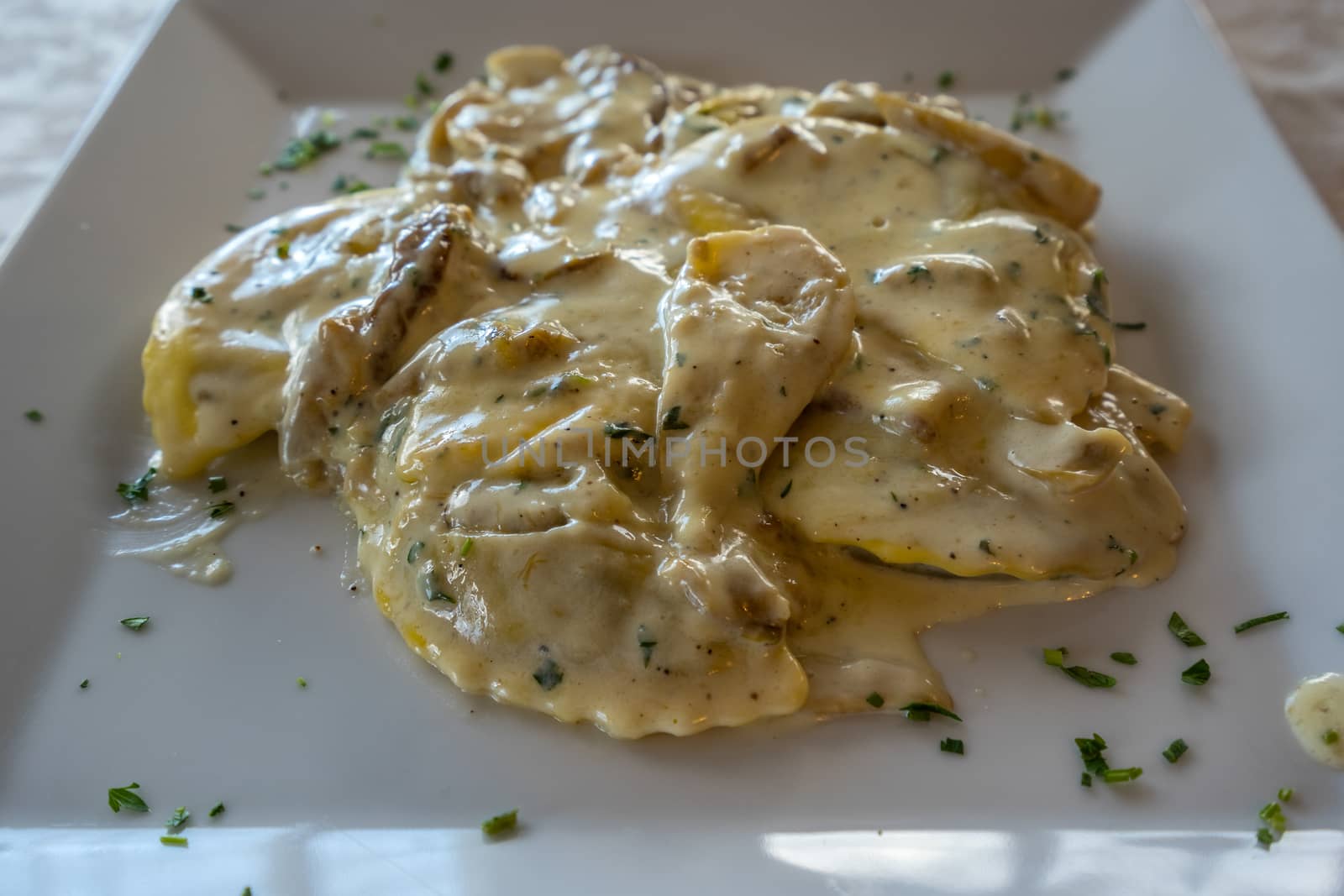 Italian pasta "Tortelloni" with mushrooms (Porcini) ,cream and herbs,servided at restaurant,close up.