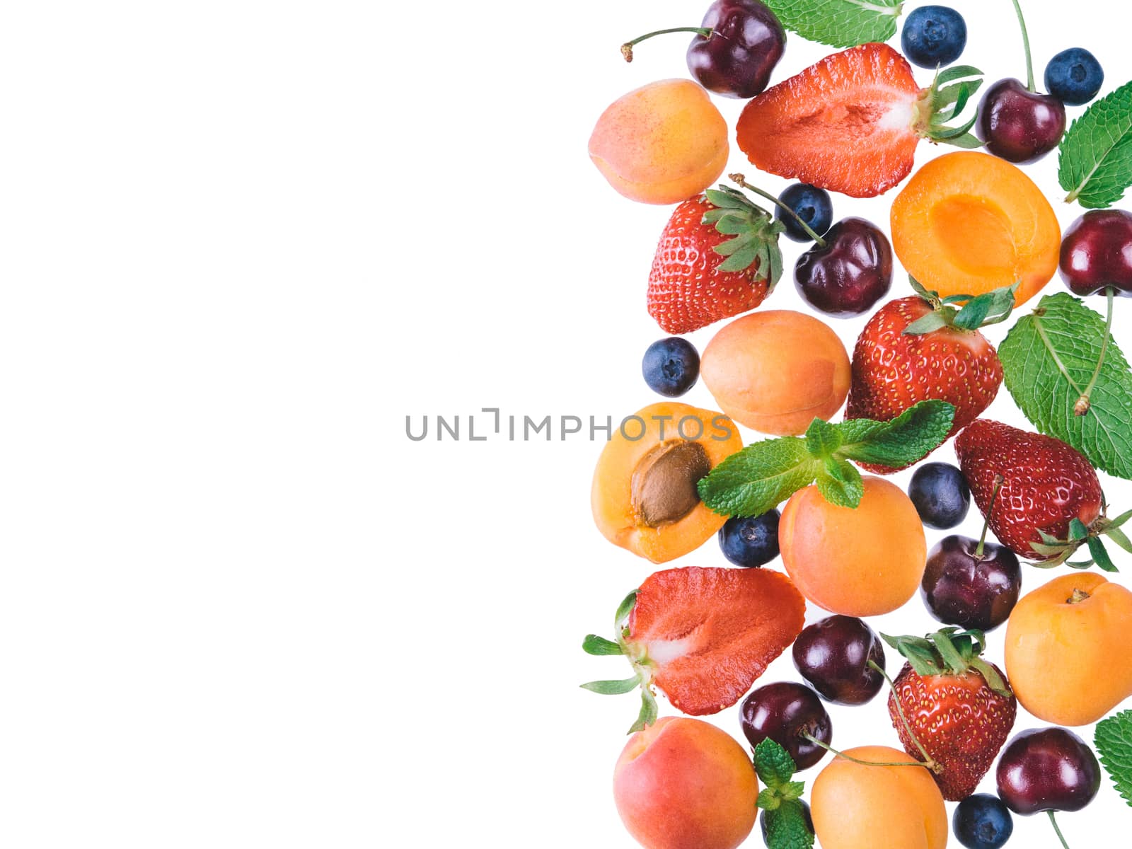 Apricot and berries isolated, top view, copy space by fascinadora