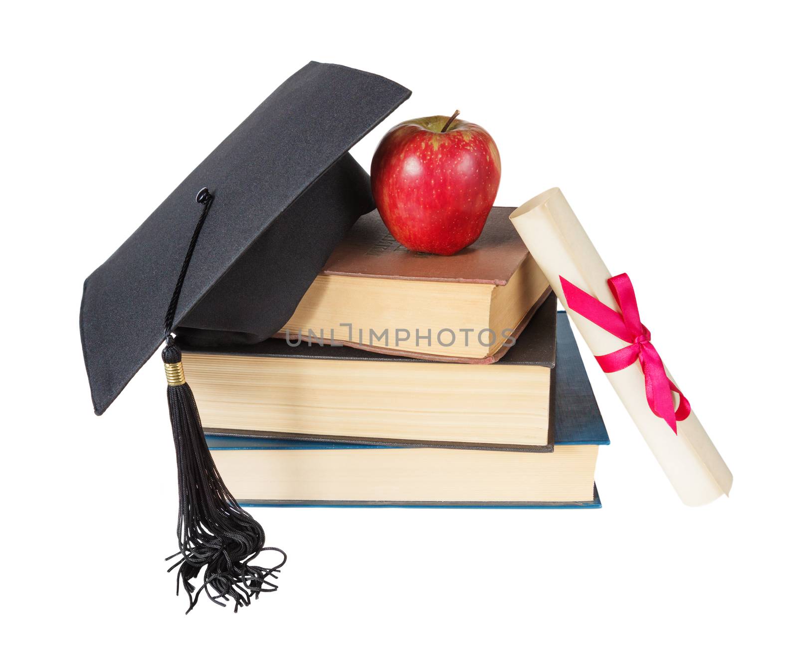 Black graduate hat, stack of big books, red apple and paper scroll tied with red ribbon with a bow, isolated on white background