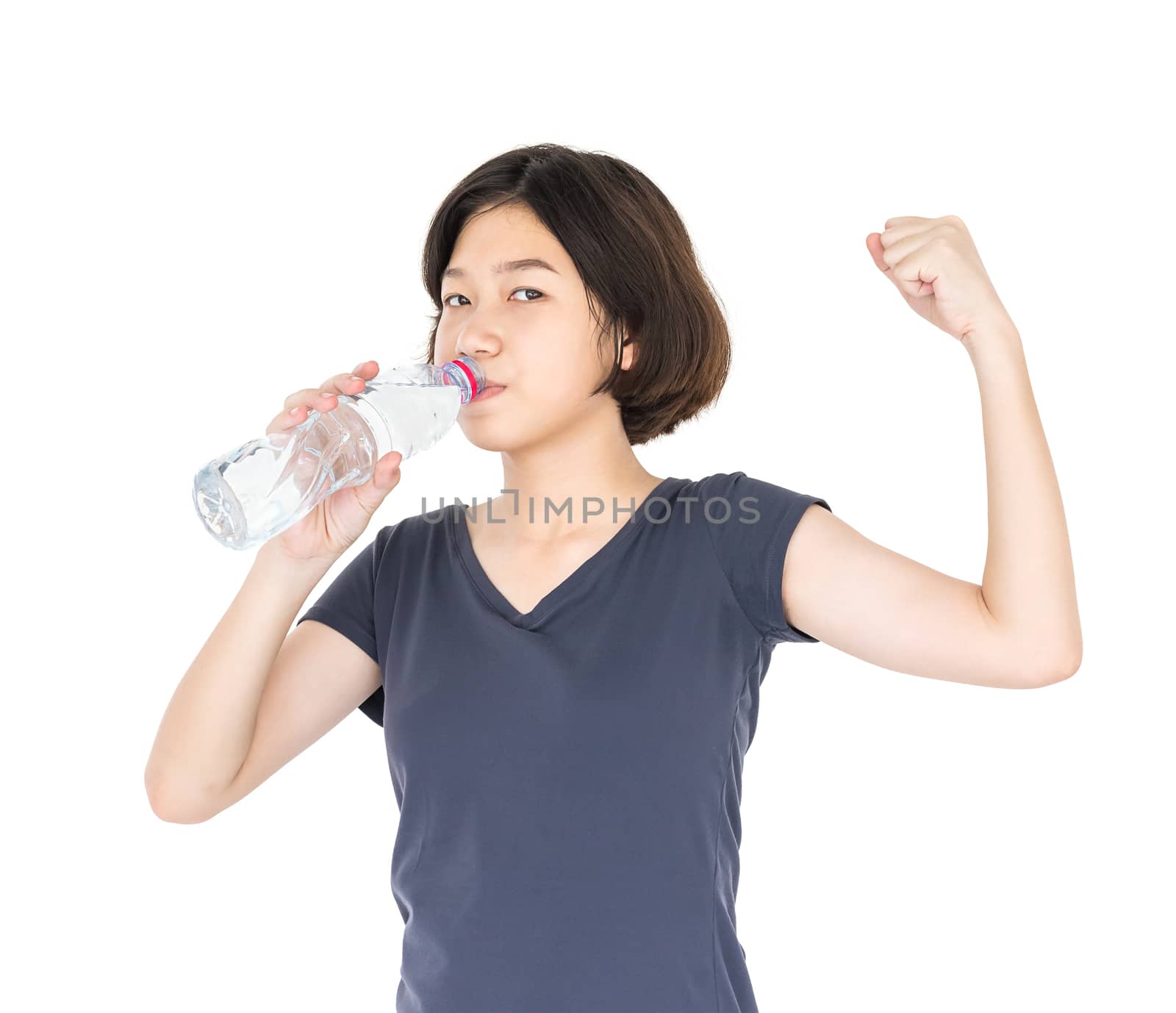 Young asian woman drinking bottled water isolated on white background