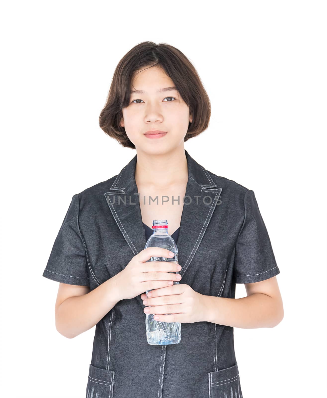 Young asian woman hold bottled water isolated on white background