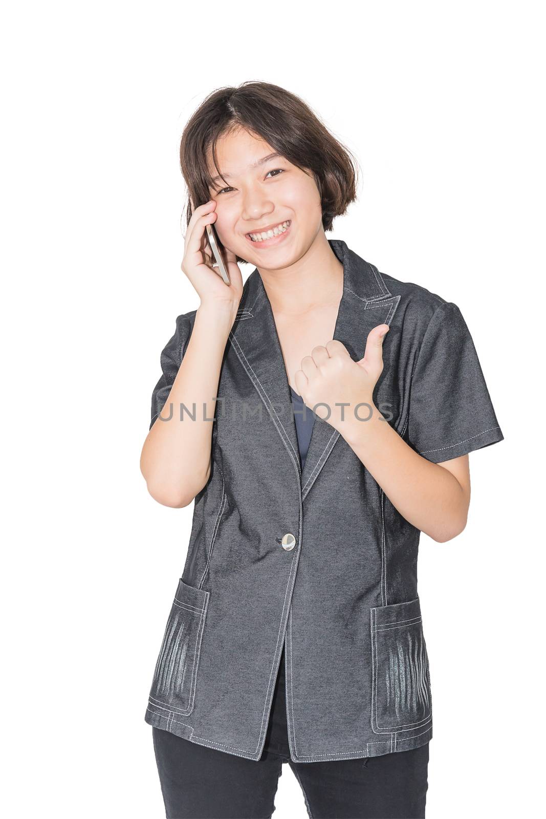 Asian women stand with using mobile phone isolated over white background