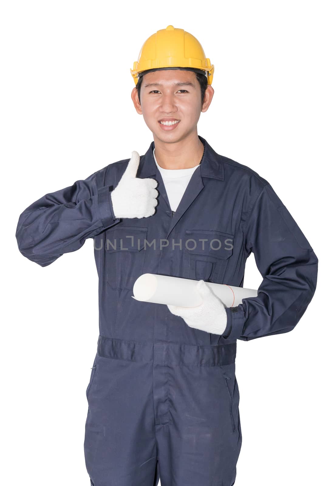 Young worker with yellow helmet holding blueprint isolated over white background