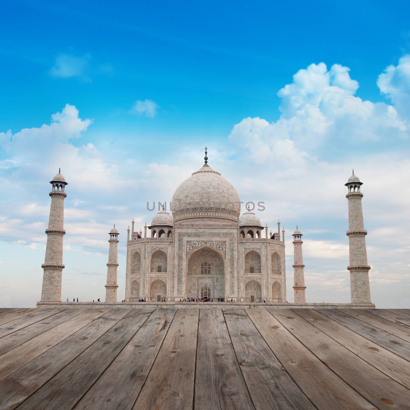 Front view Taj Mahal in Agra, India on daytime.