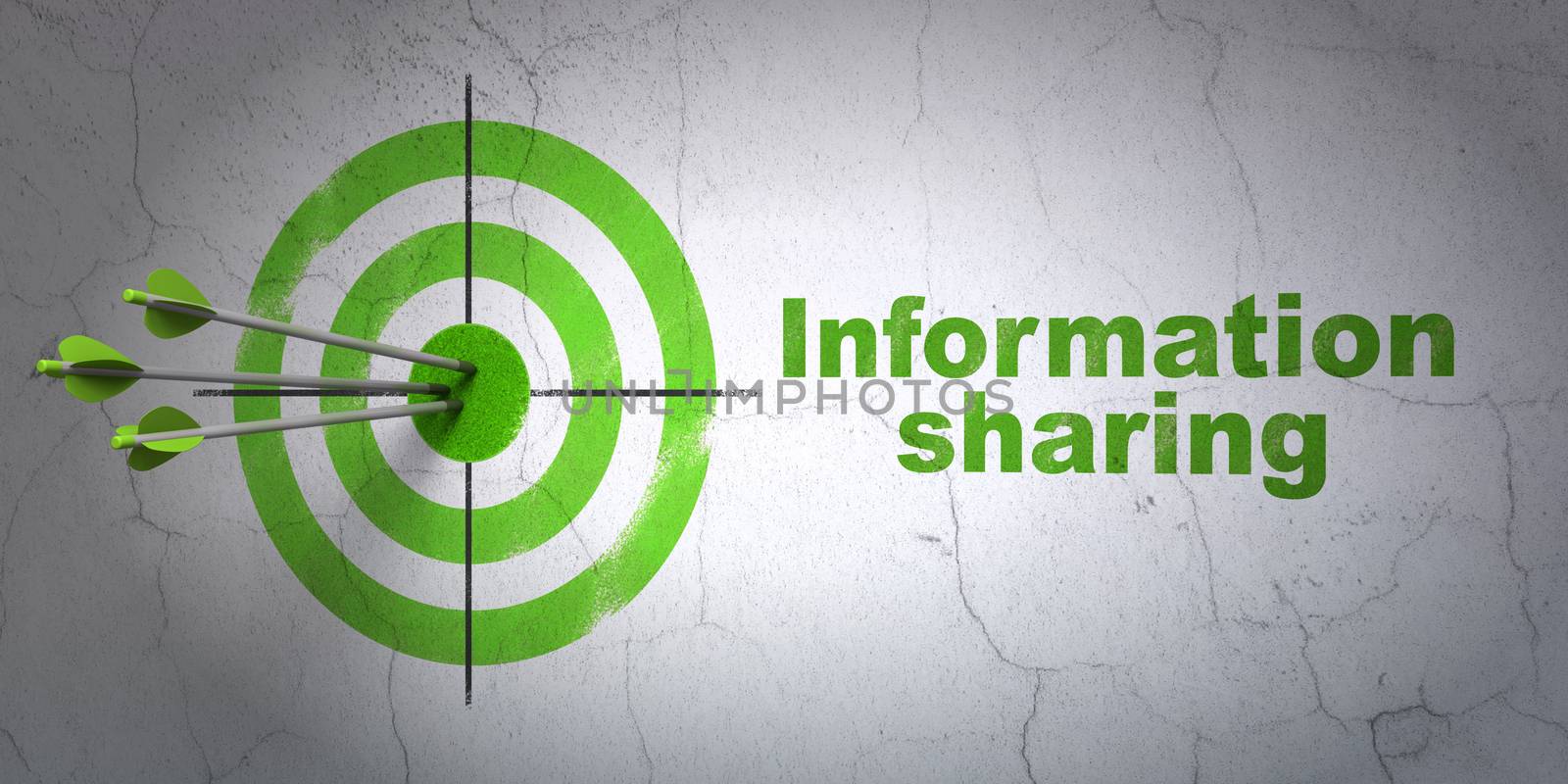 Success Data concept: arrows hitting the center of target, Green Information Sharing on wall background, 3D rendering
