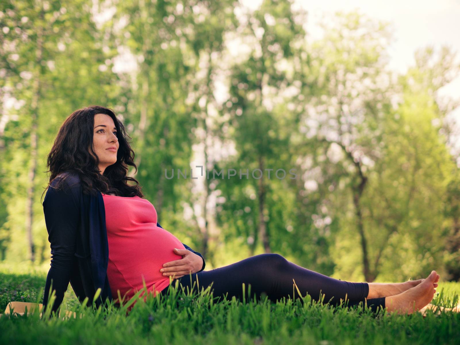 Pregnant woman sits in park, looking at sky. Full-length view of pregnant woman in profile. Copy space.