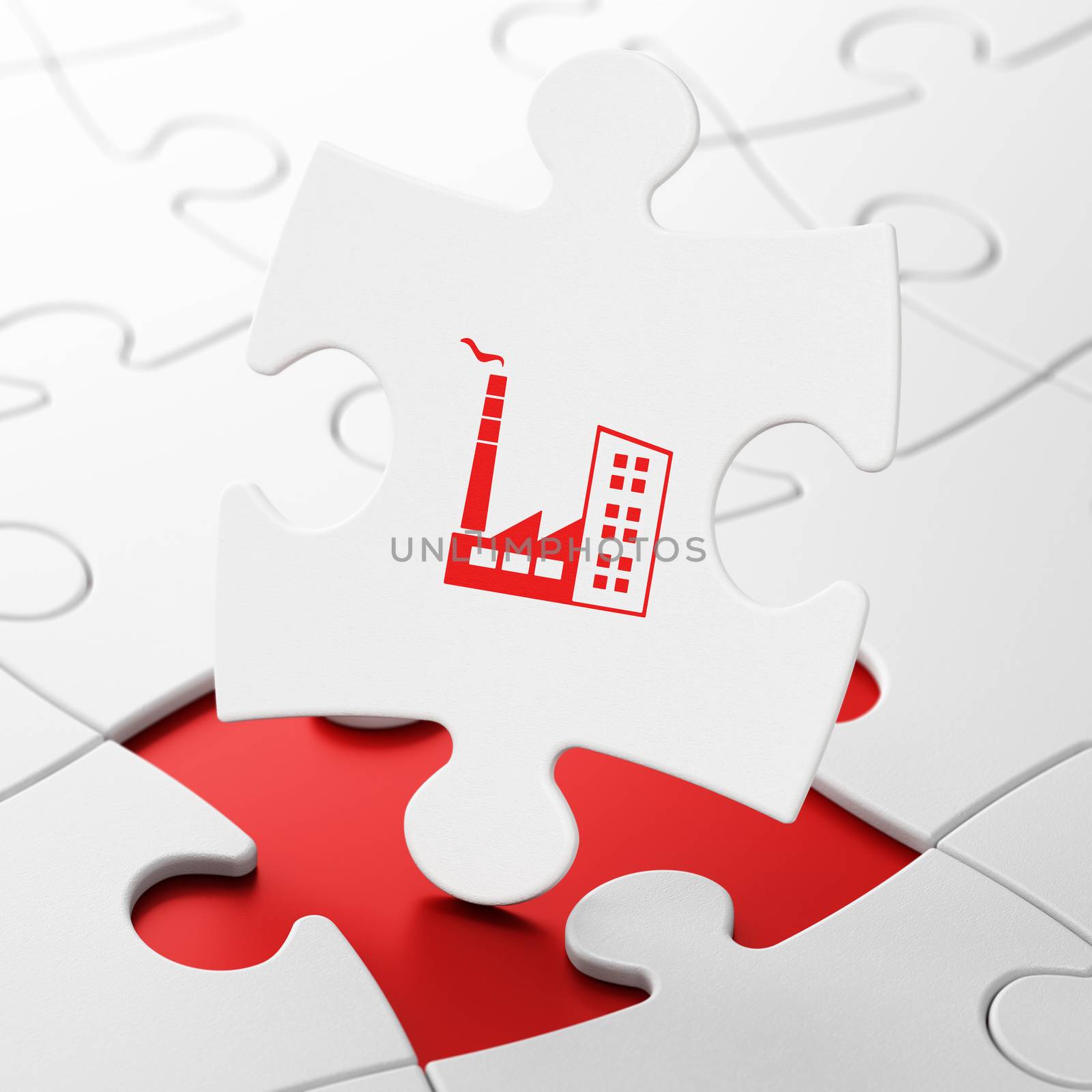 Finance concept: Industry Building on White puzzle pieces background, 3D rendering