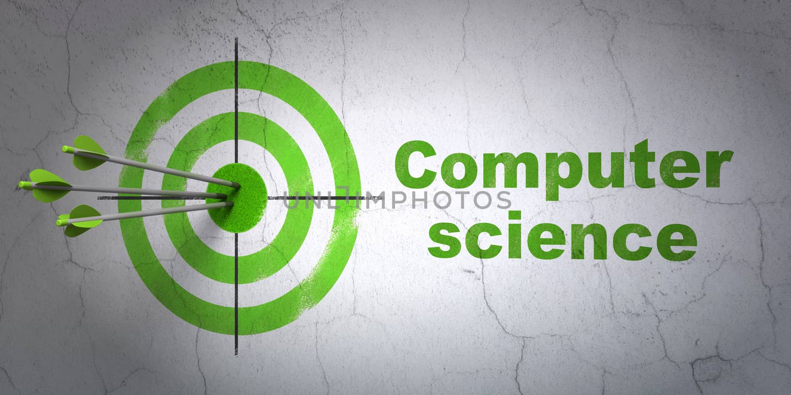 Success Science concept: arrows hitting the center of target, Green Computer Science on wall background, 3D rendering