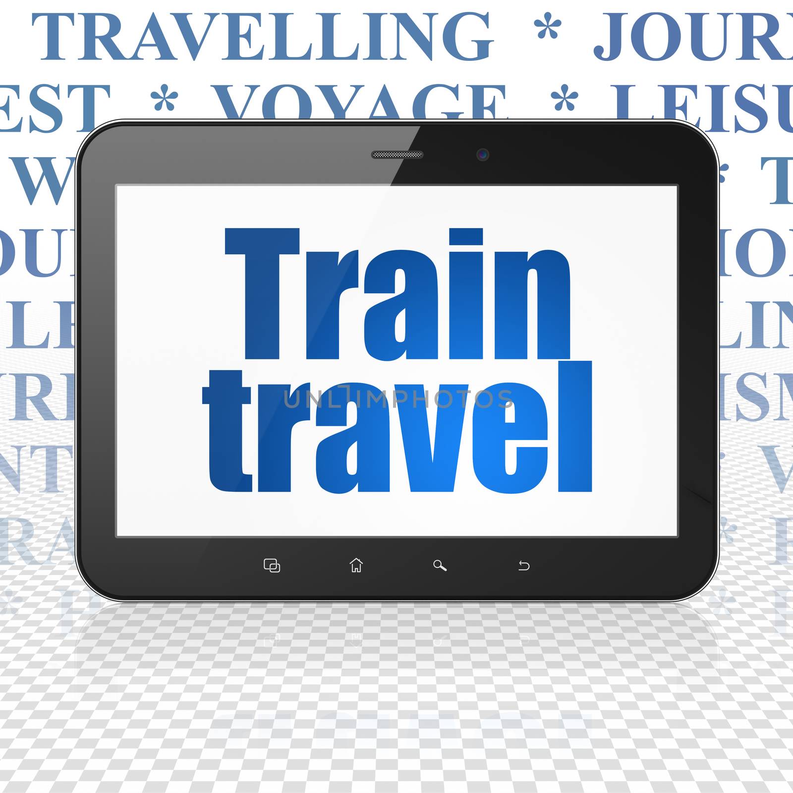 Vacation concept: Tablet Computer with Train Travel on display by maxkabakov