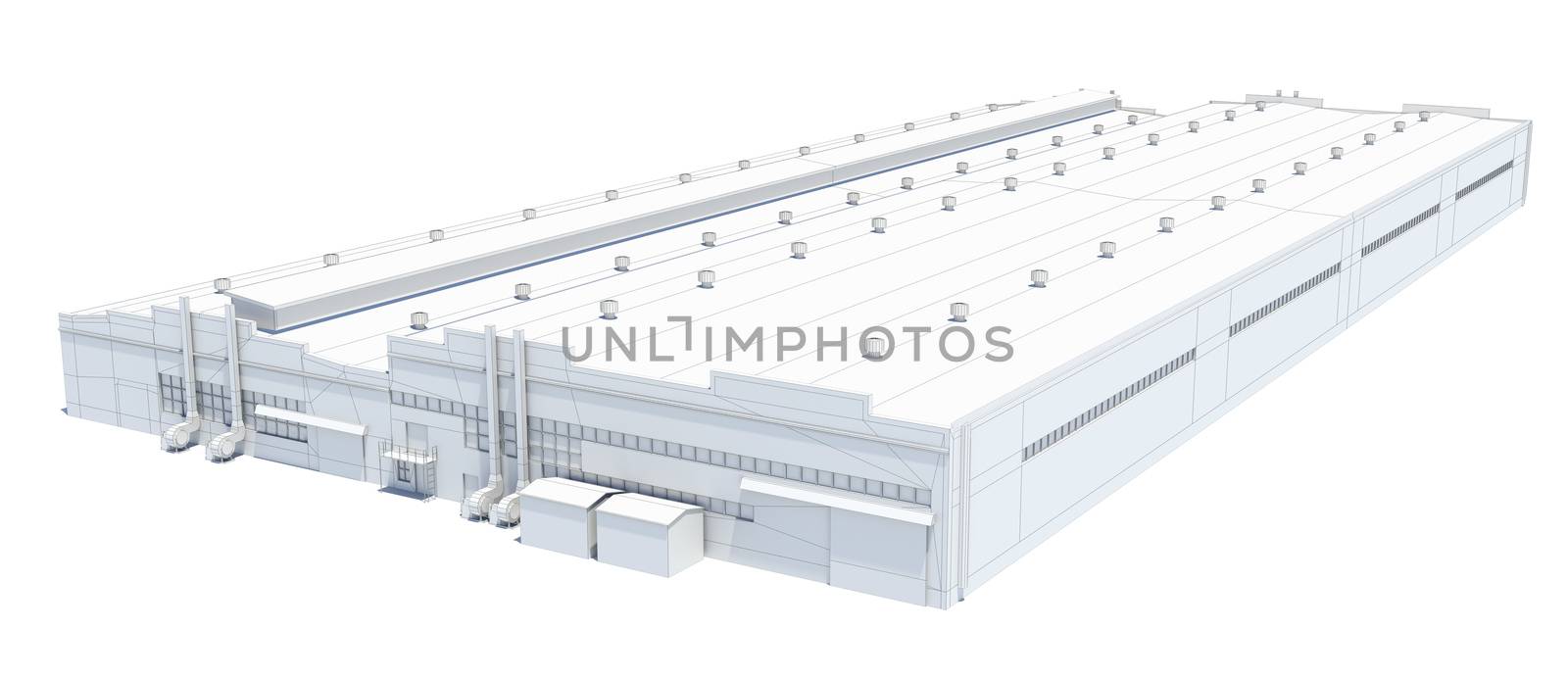 Hangar building. White wire-frame. Isolated on white, 3D Illustration