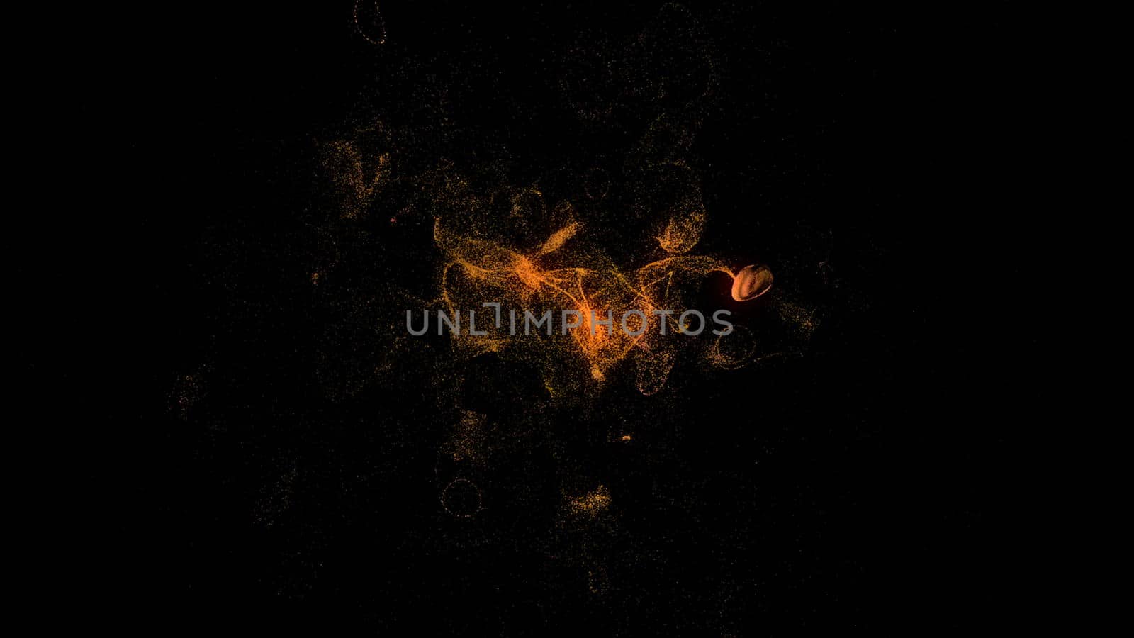 Dispersion of small orange particles on a black background. 3d rendered