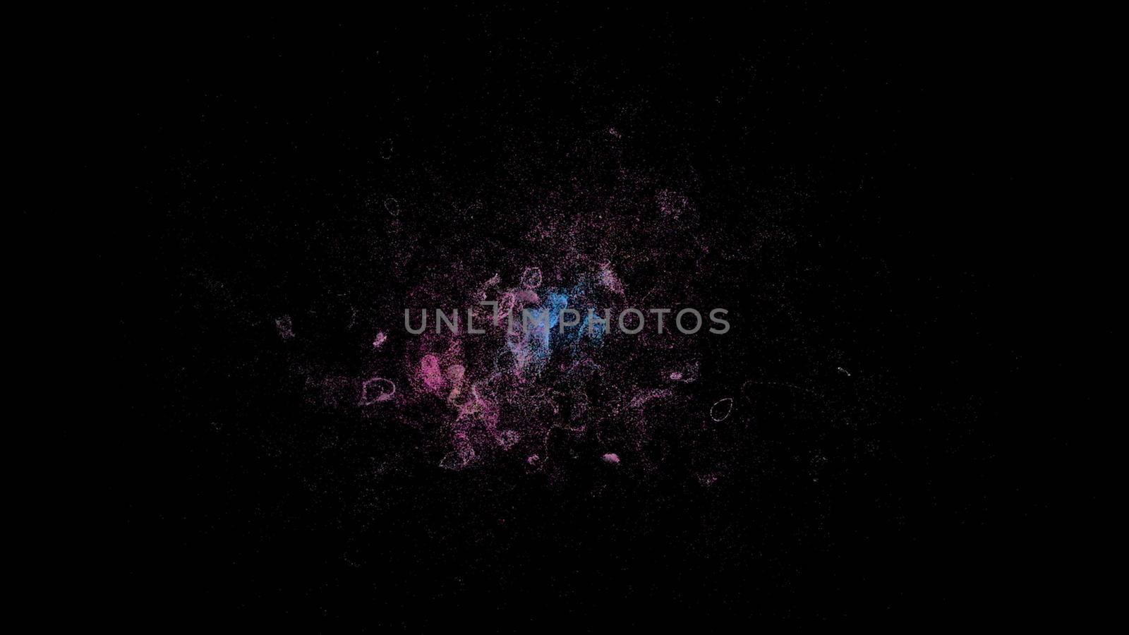 Dispersion of small particles of different colors on a black background. 3d rendered