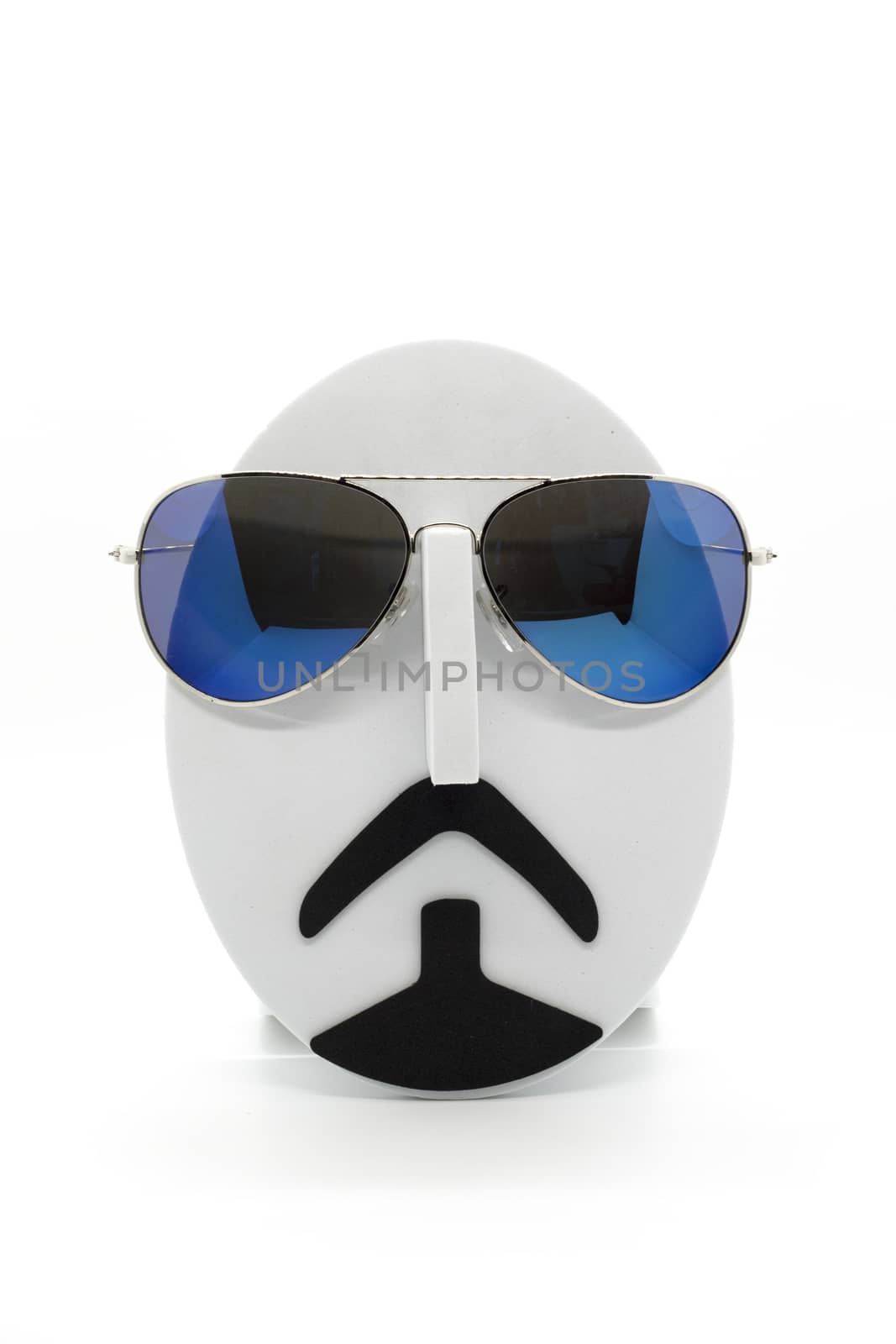 Men's fashion mannequin wearing fashionable sunglasses on white background.