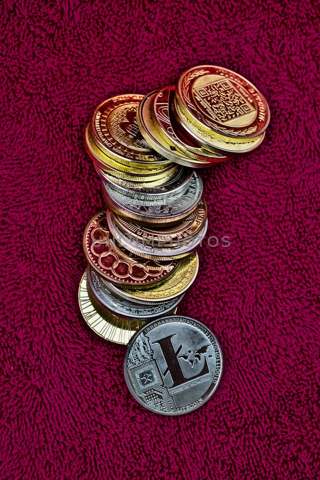 Digital currency physical coins, litecoin, bitcoin, dogecoin.