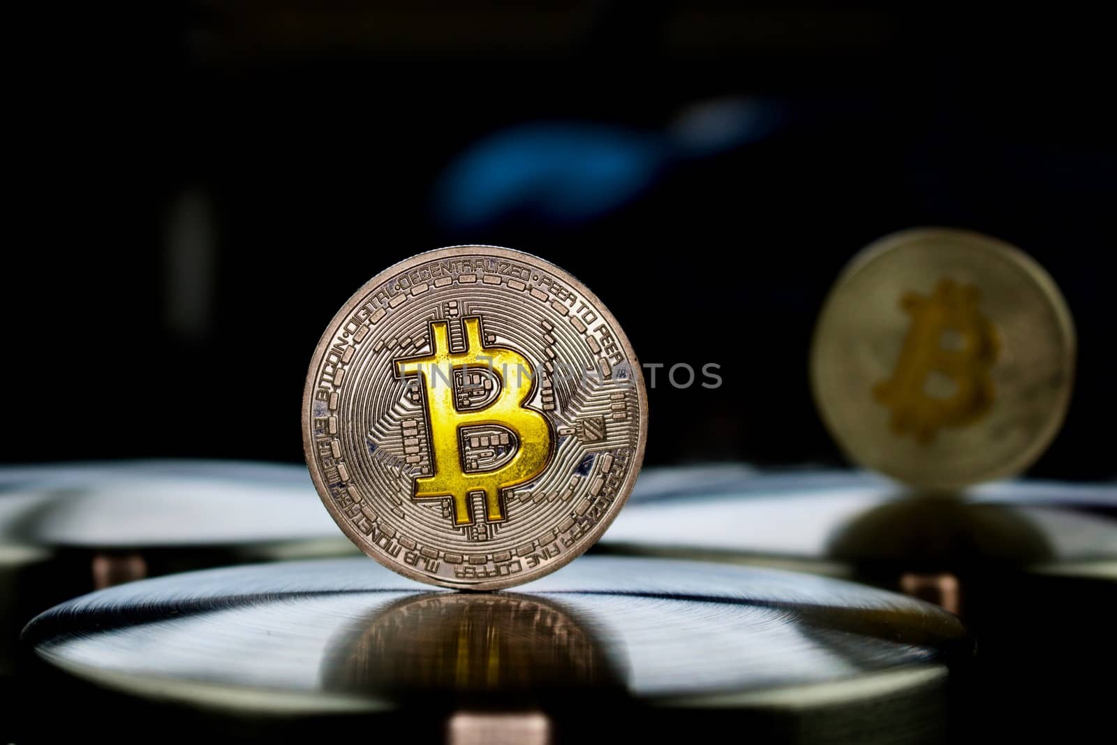 Cryptocurrency physical silver bitcoin coin with gold sign