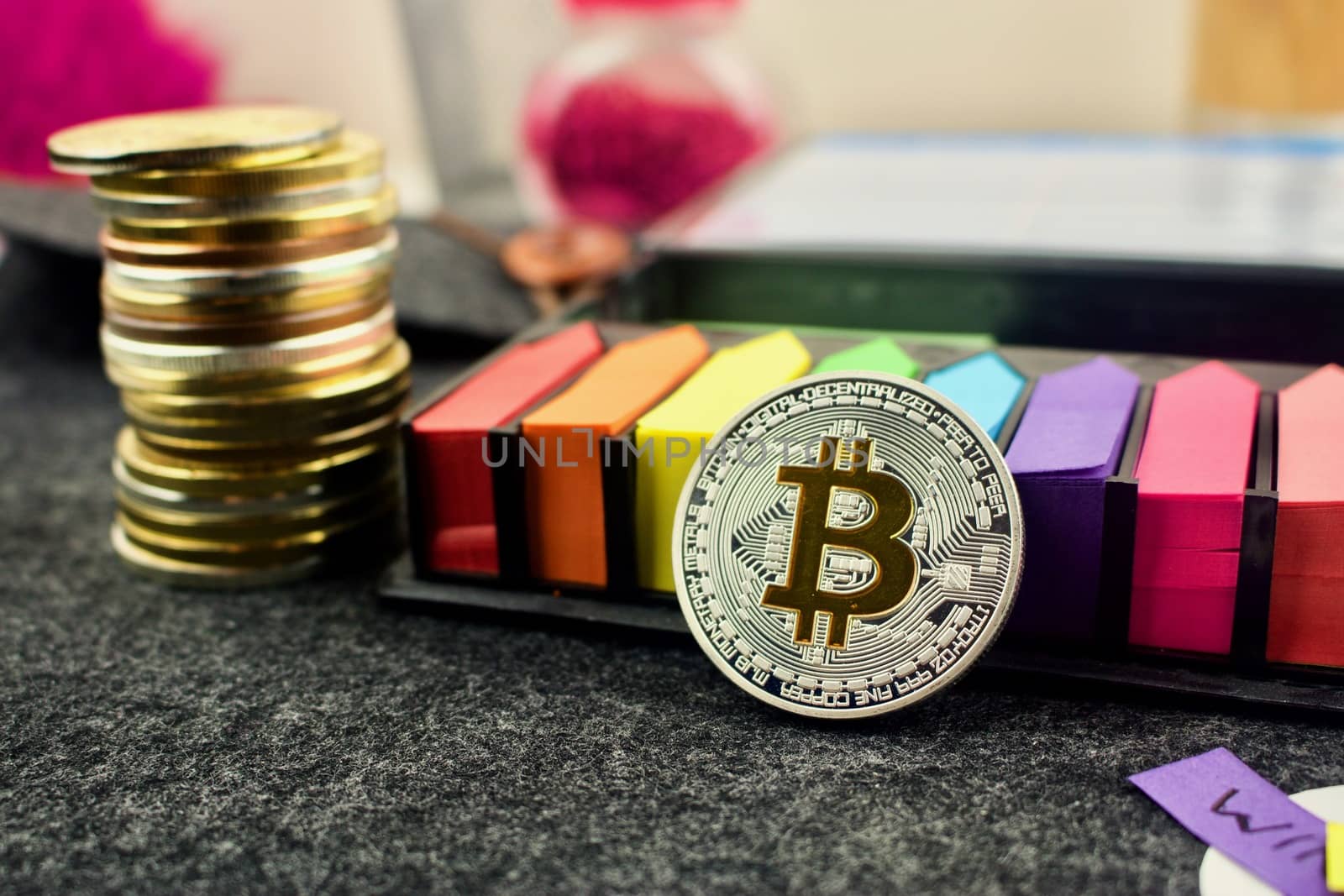 Digital currency silver bitcoin coin in colorful scene