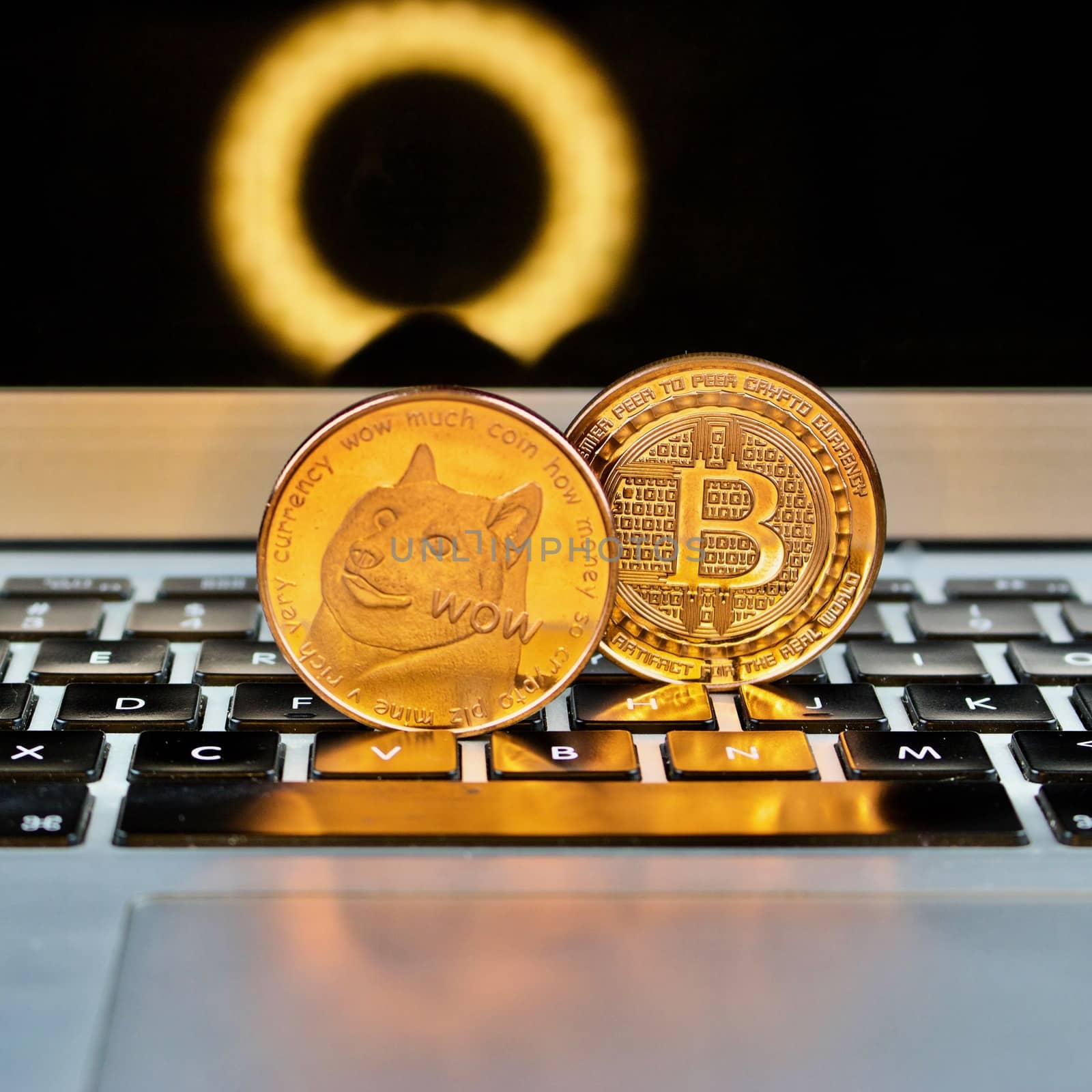 Cryptocurrency physical gold bitcoin and dogecoin coins.