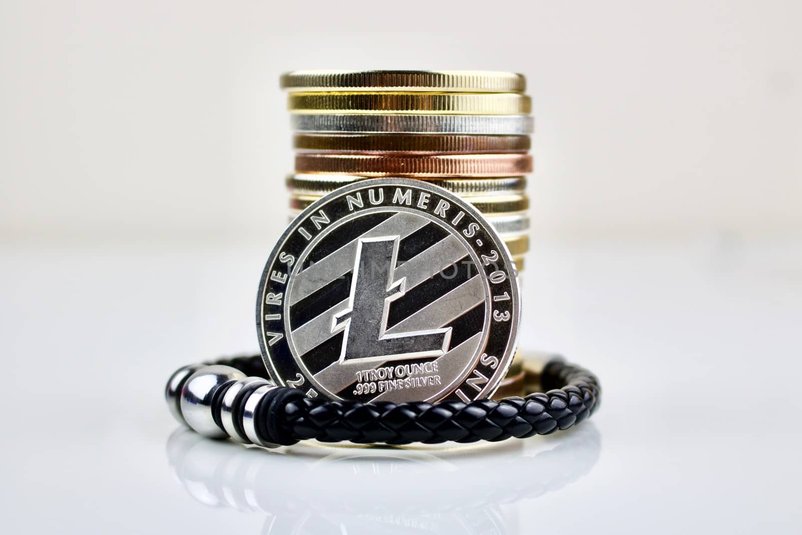 Black bracelet with litecoin physical coins