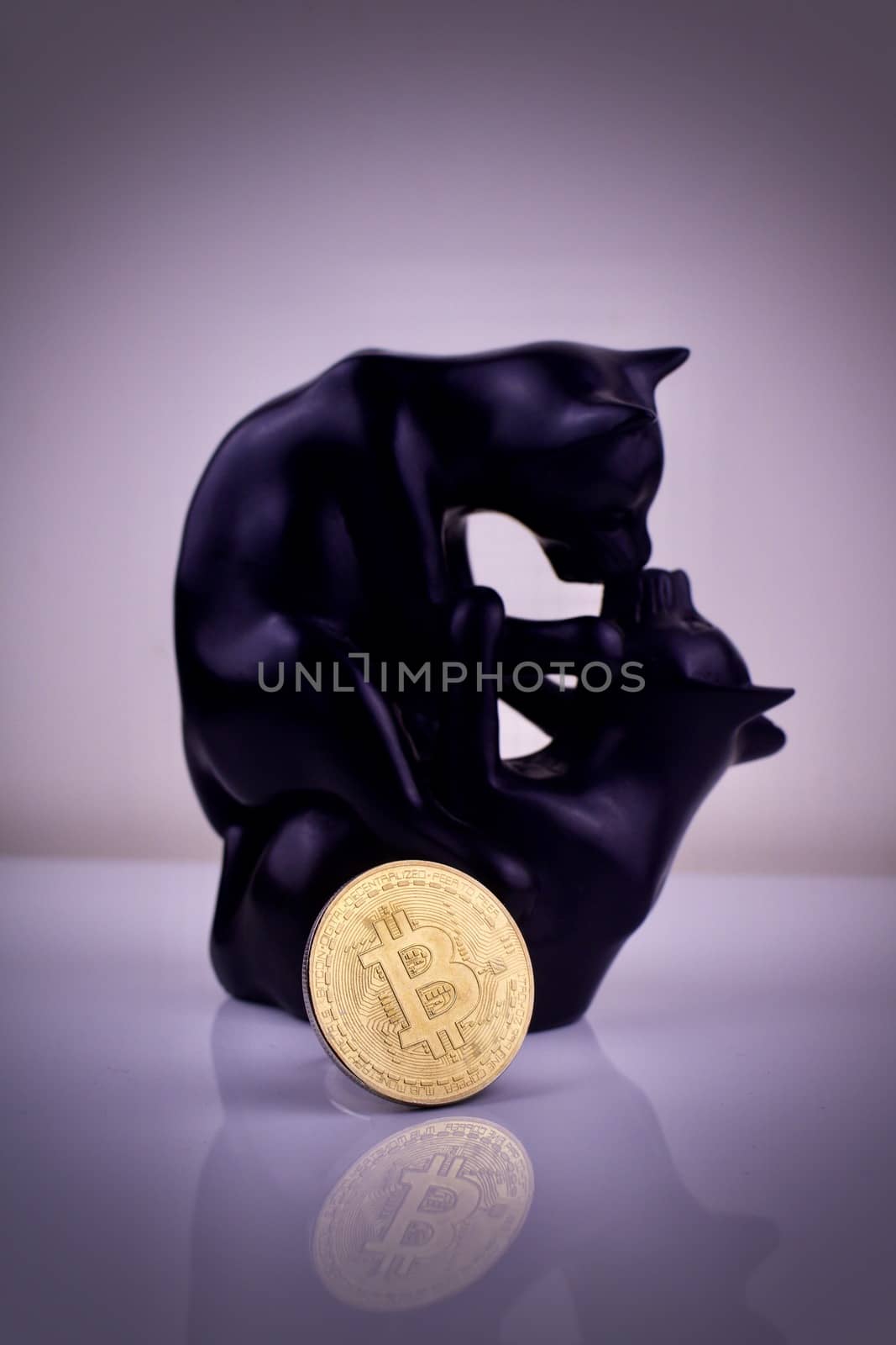 Gold bitcoin cryptocurrency coin and black cats monument.