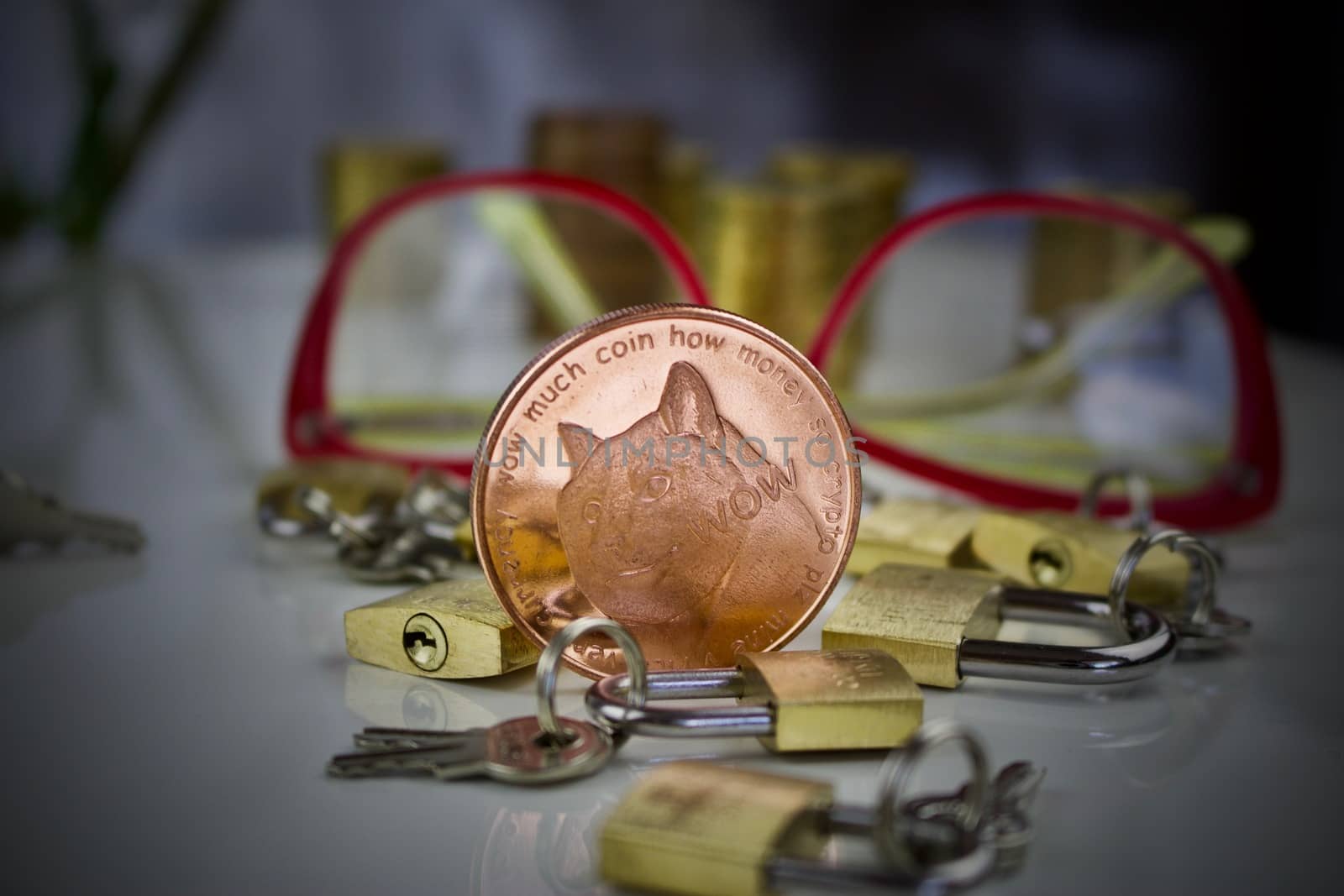 Digital currency physical brass doge coin padlocks concept