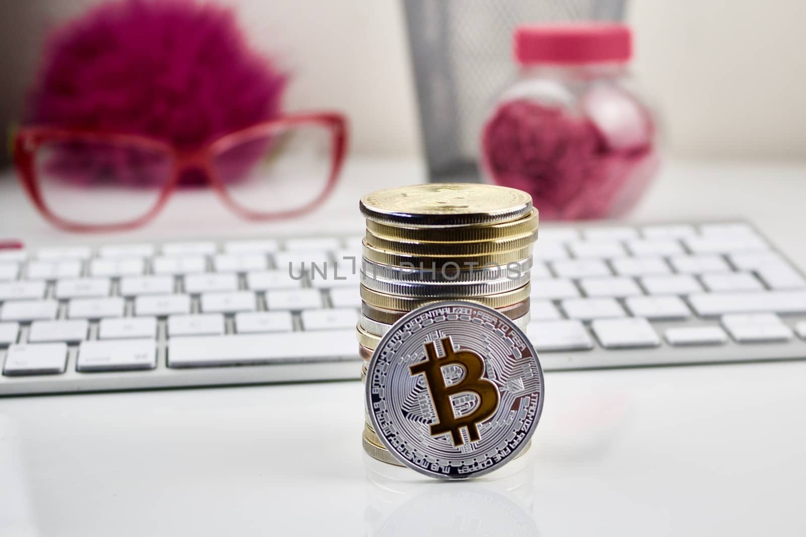Silver bitcoin coin - pink concept by adriantoday