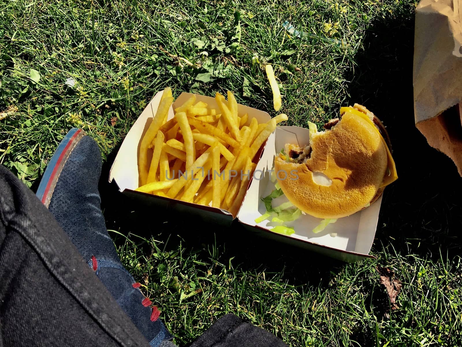 Man eating burger in park. Fast food.