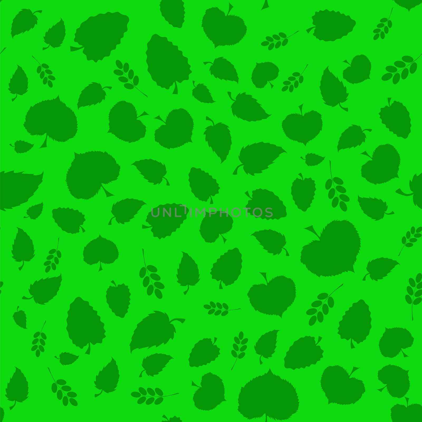 Summer Green Leaves Isolated on Green Background. Seamless Different Leaves Pattern