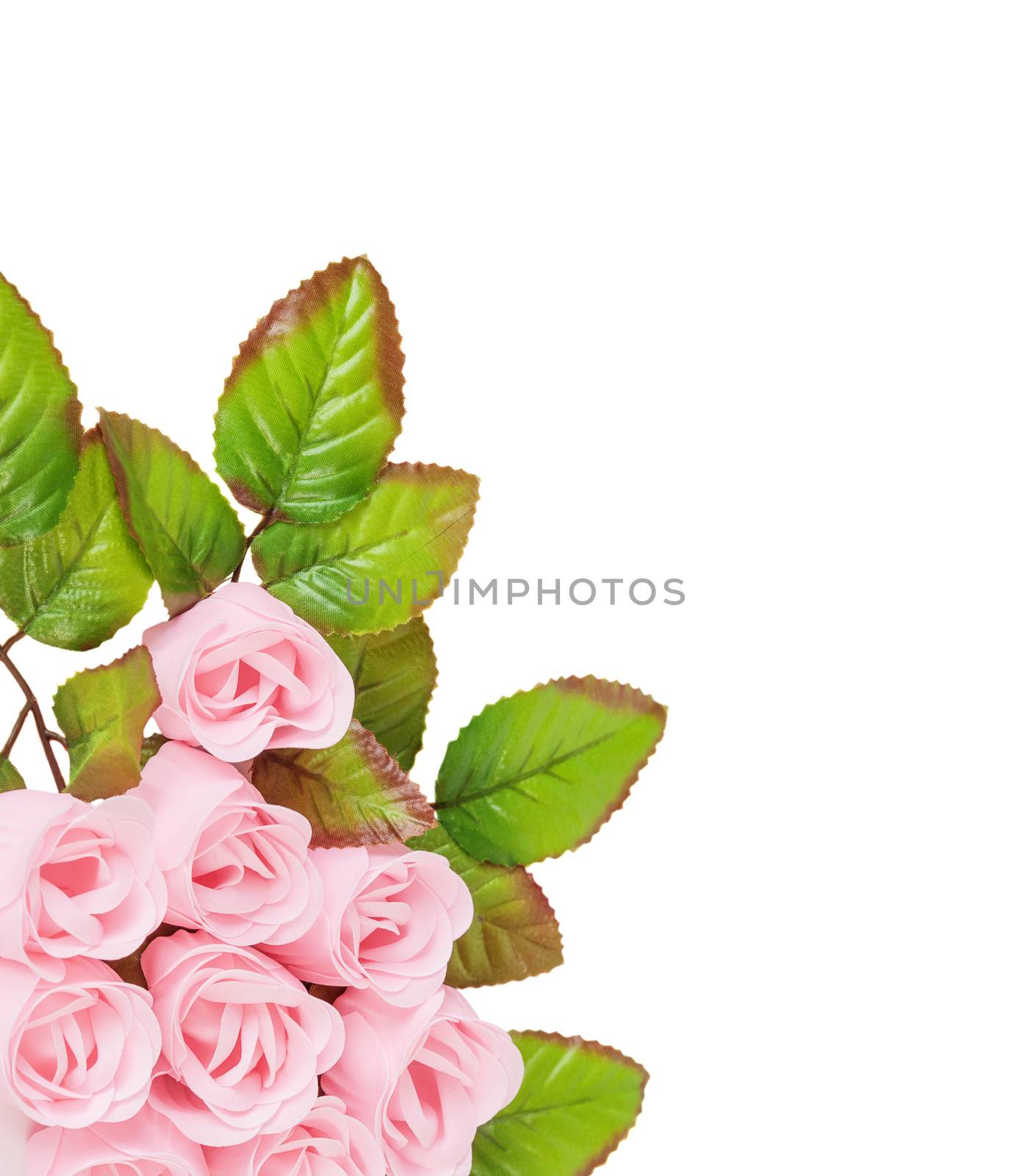 Artificial pink roses with leaves made of soap, isolated on white background