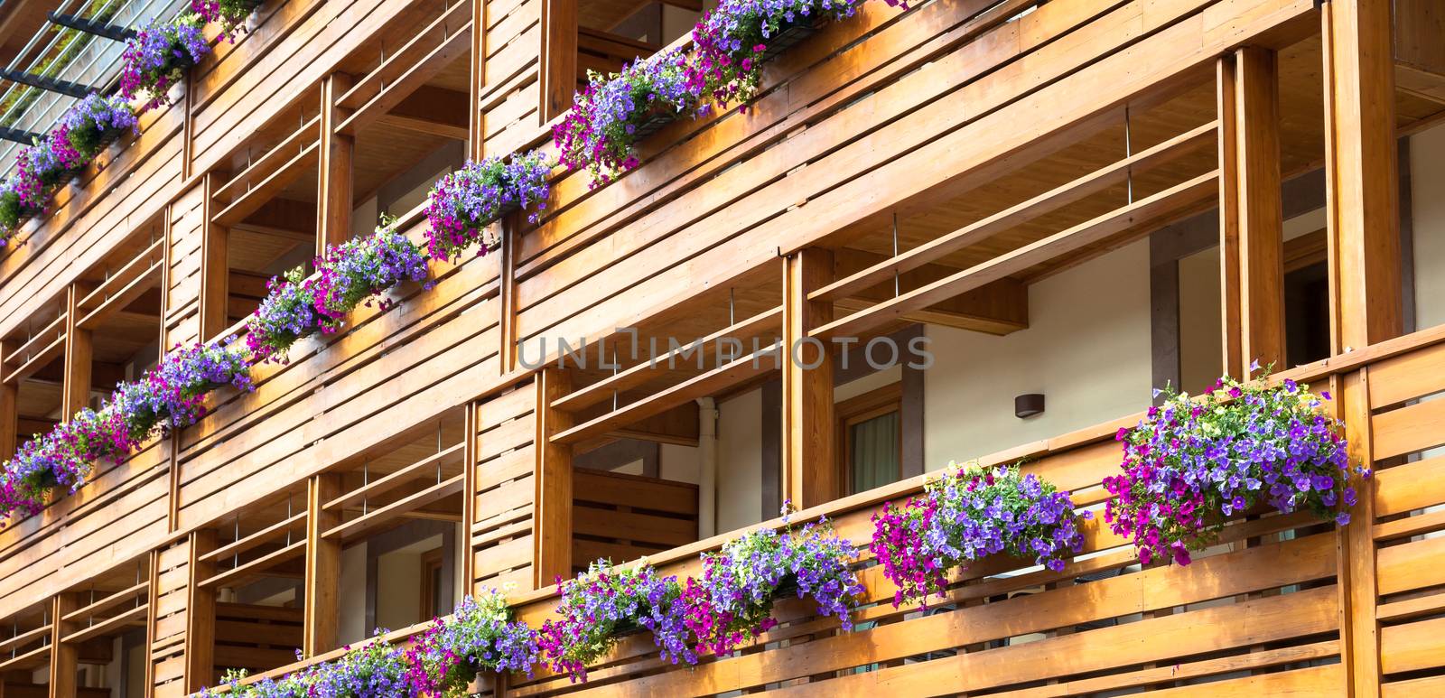 Traditional flowers setup on a Chalet in Trentino Region, Dolomiti Area, Italy