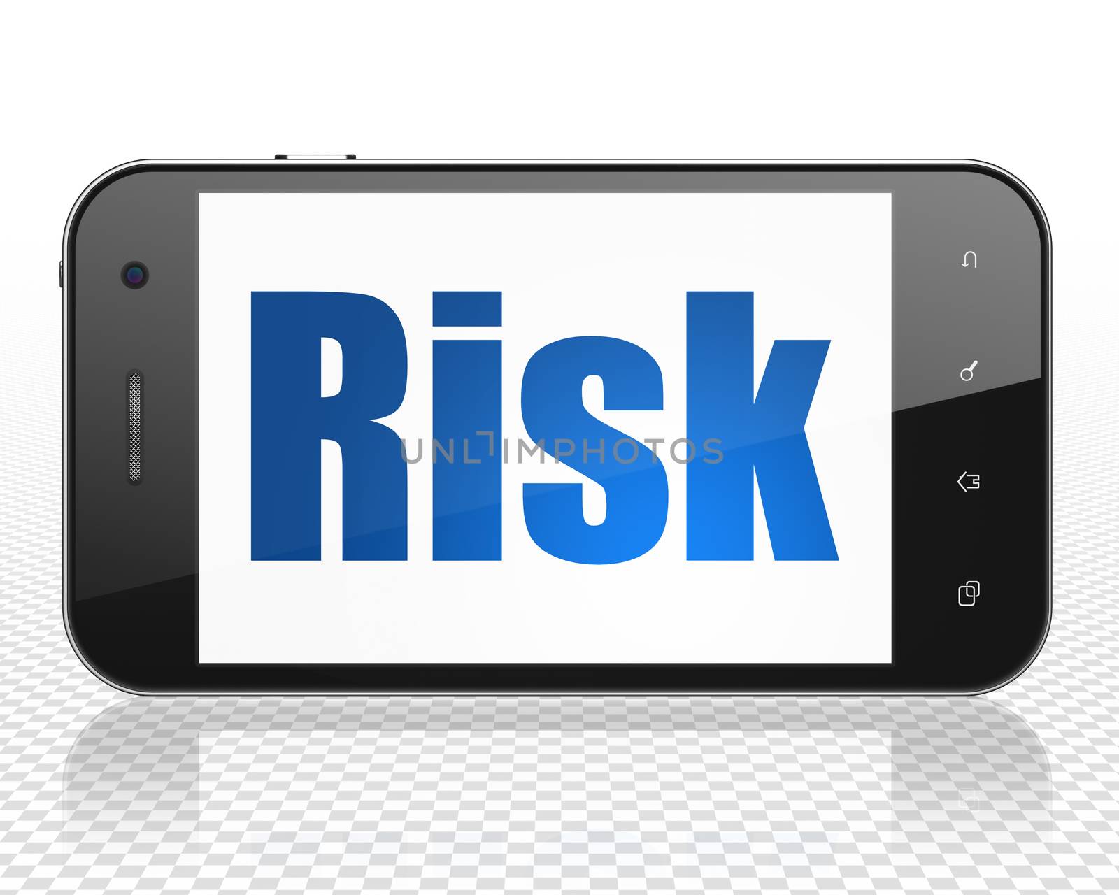 Finance concept: Smartphone with blue text Risk on display, 3D rendering