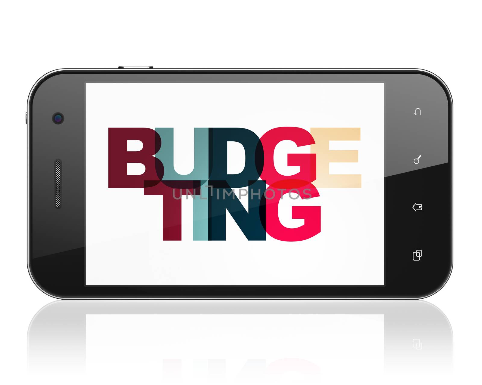 Business concept: Smartphone with Painted multicolor text Budgeting on display, 3D rendering