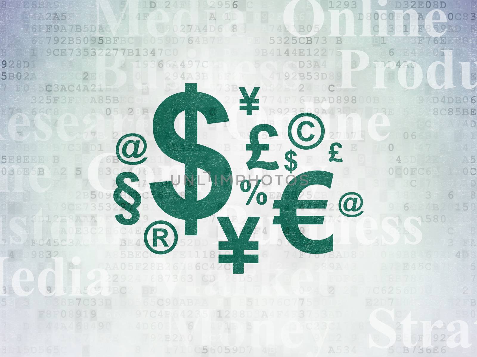 Advertising concept: Painted green Finance Symbol icon on Digital Data Paper background with  Tag Cloud