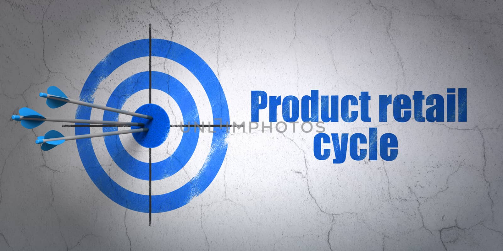 Success advertising concept: arrows hitting the center of target, Blue Product retail Cycle on wall background, 3D rendering