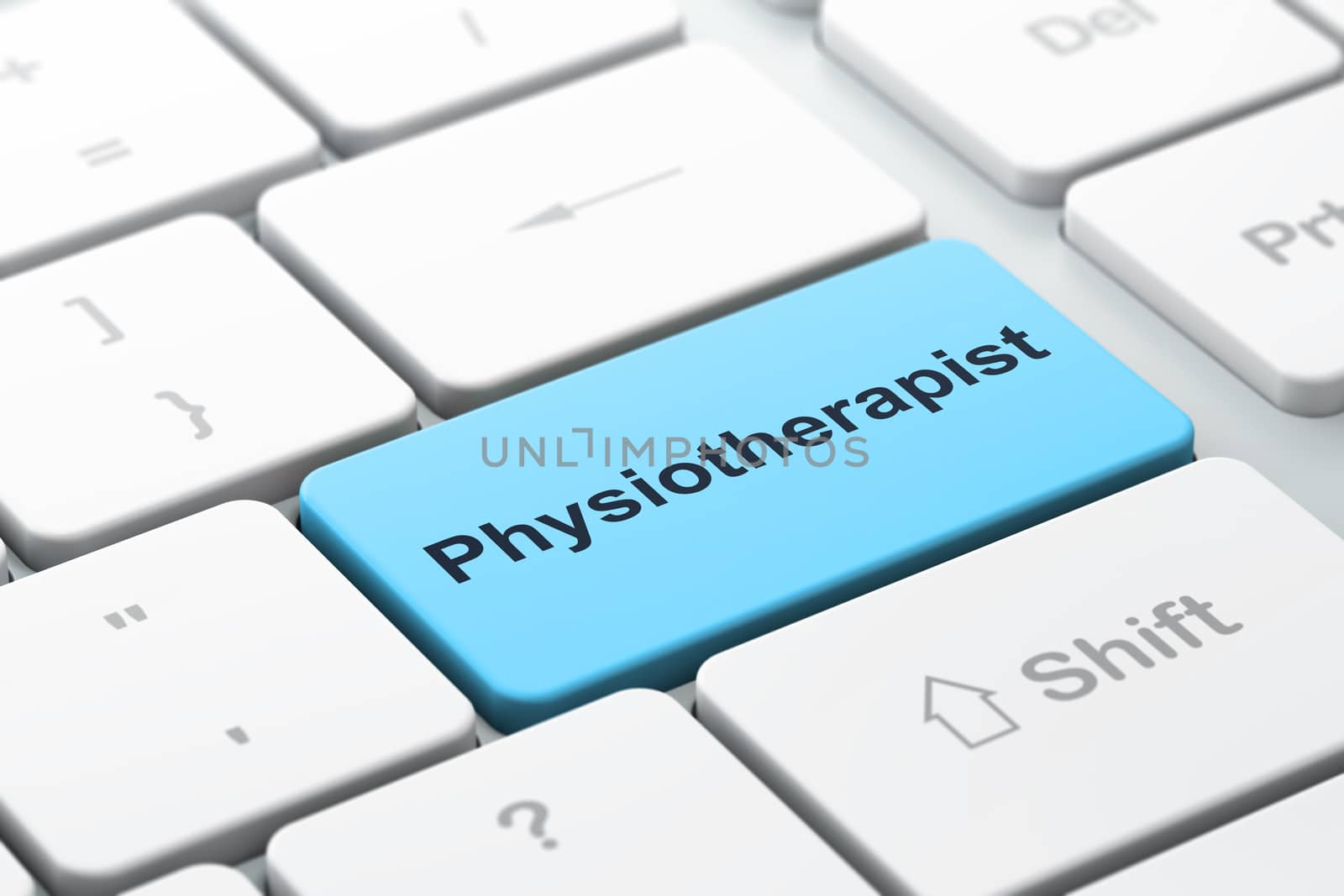 Healthcare concept: computer keyboard with word Physiotherapist, selected focus on enter button background, 3D rendering
