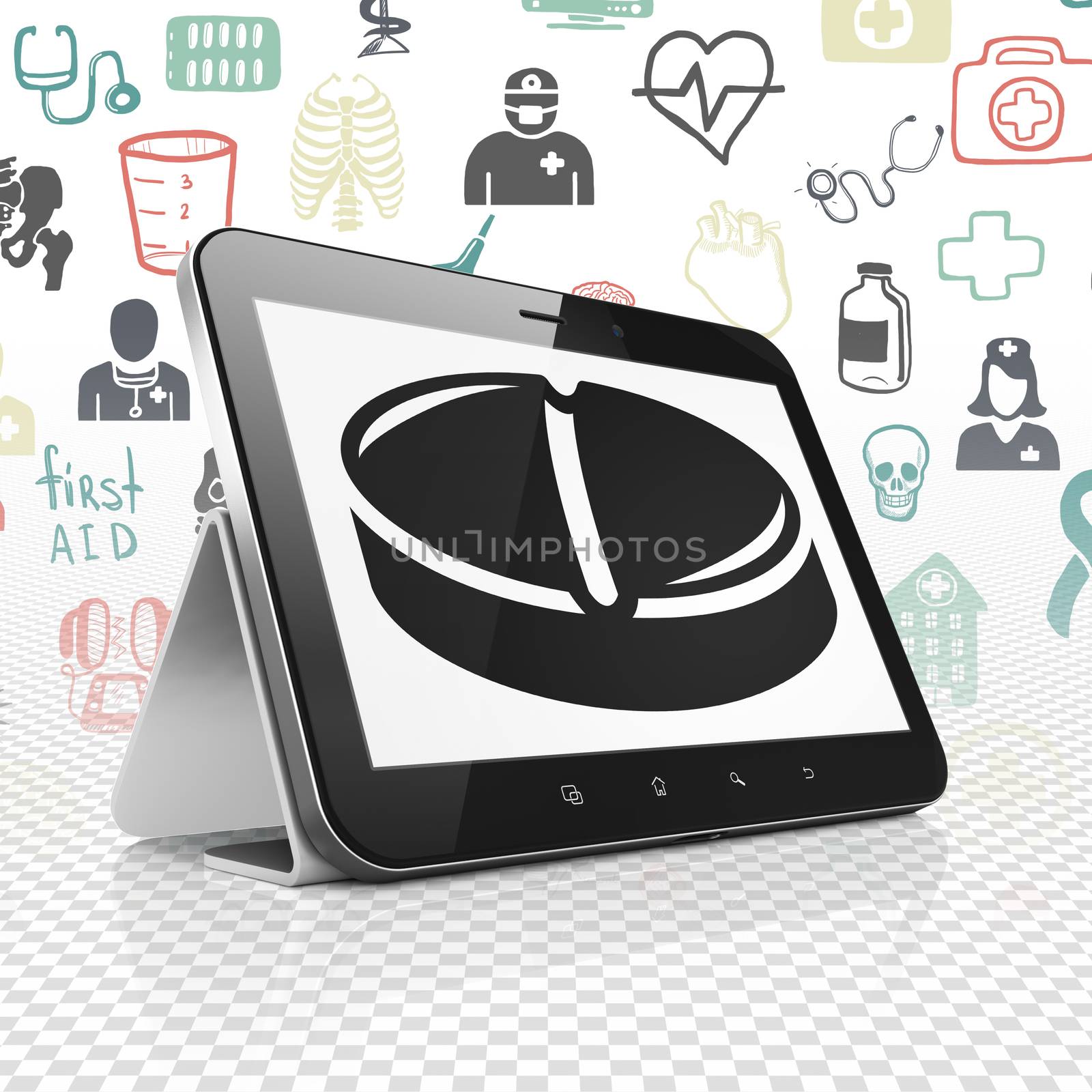 Health concept: Tablet Computer with  black Pill icon on display,  Hand Drawn Medicine Icons background, 3D rendering