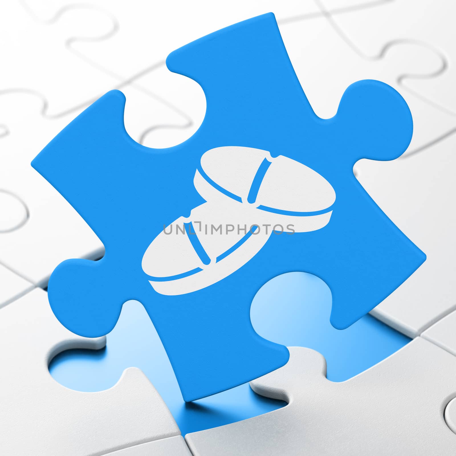 Healthcare concept: Pills on Blue puzzle pieces background, 3D rendering