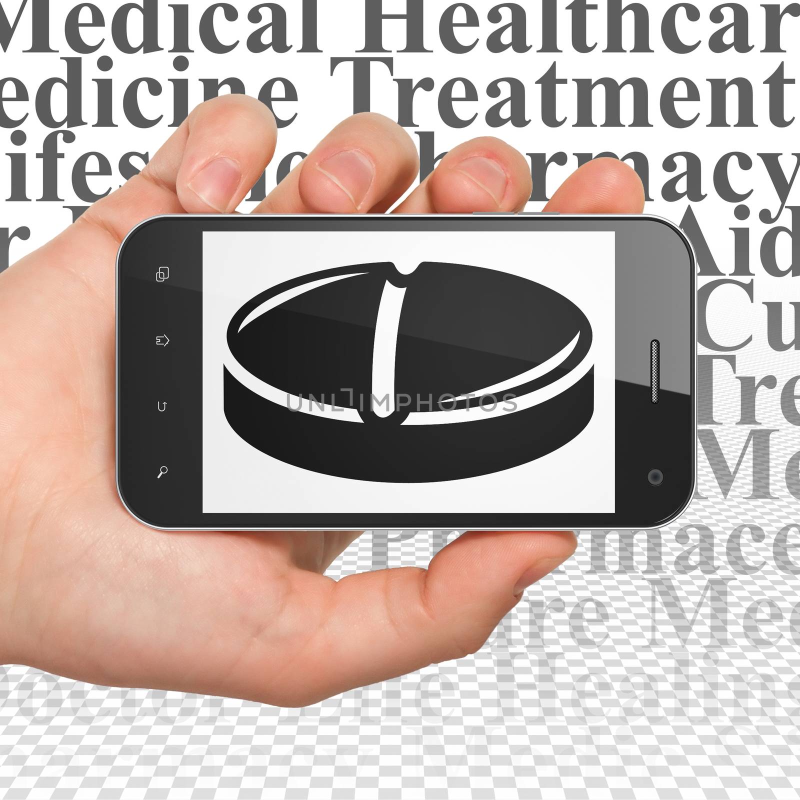 Medicine concept: Hand Holding Smartphone with Pill on display by maxkabakov