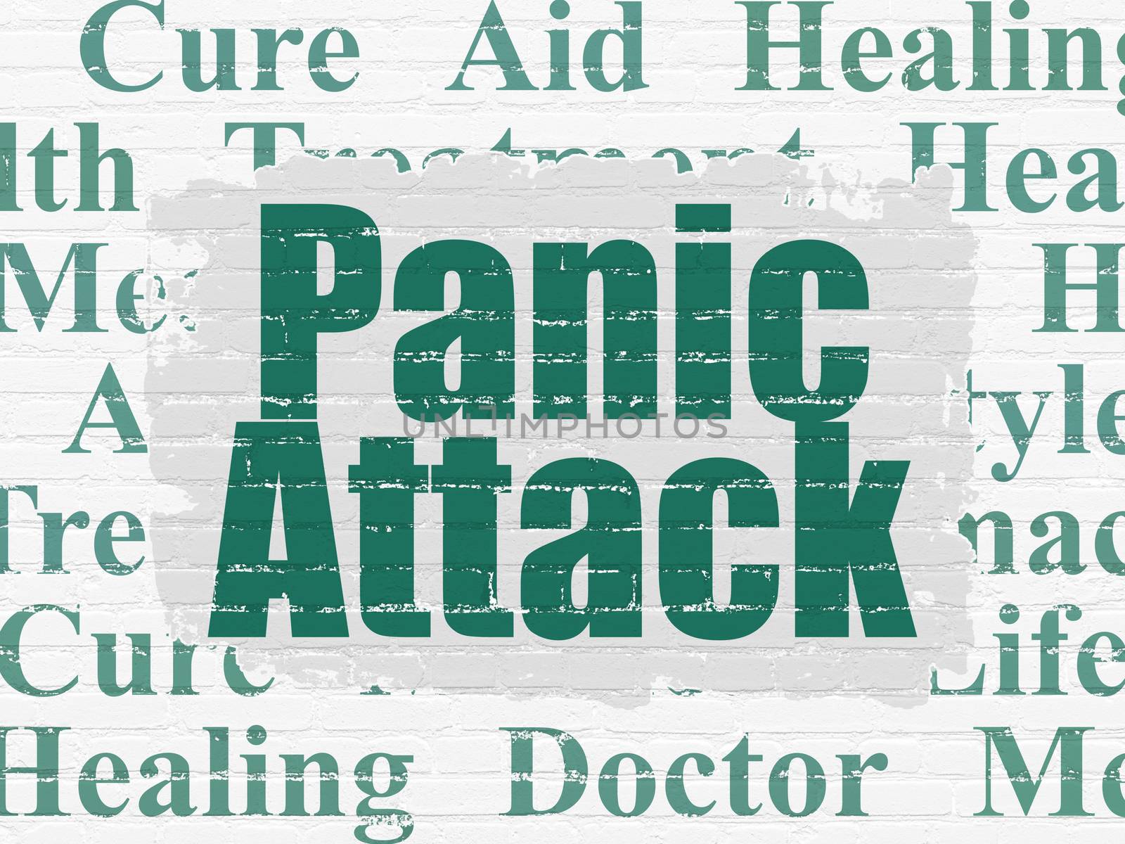 Health concept: Painted green text Panic Attack on White Brick wall background with  Tag Cloud