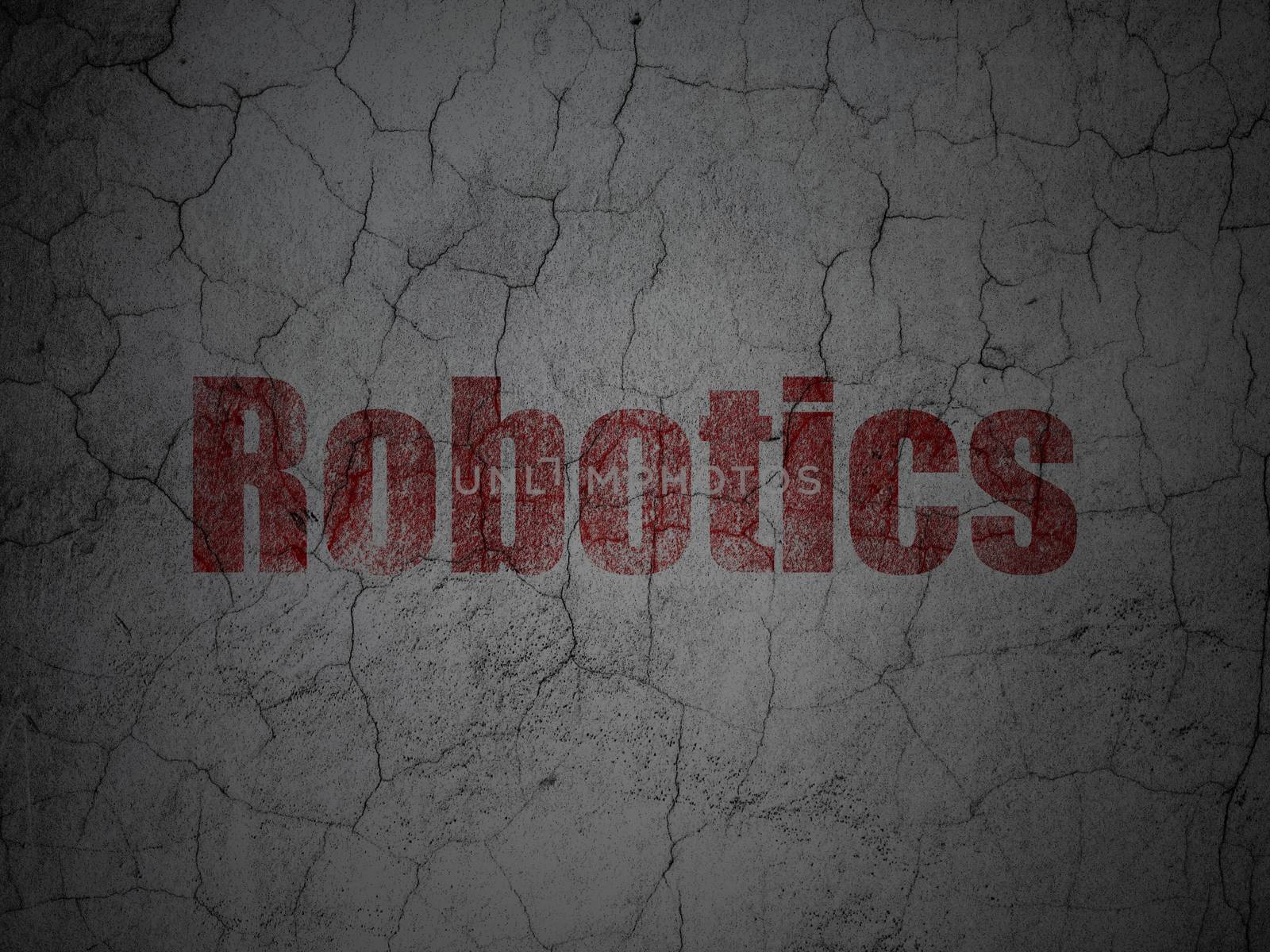 Science concept: Red Robotics on grunge textured concrete wall background