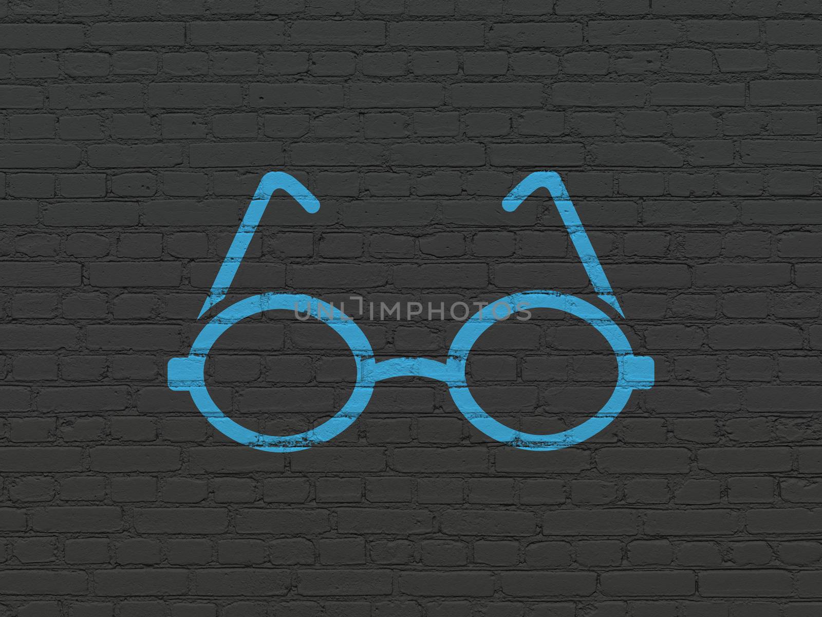 Science concept: Painted blue Glasses icon on Black Brick wall background