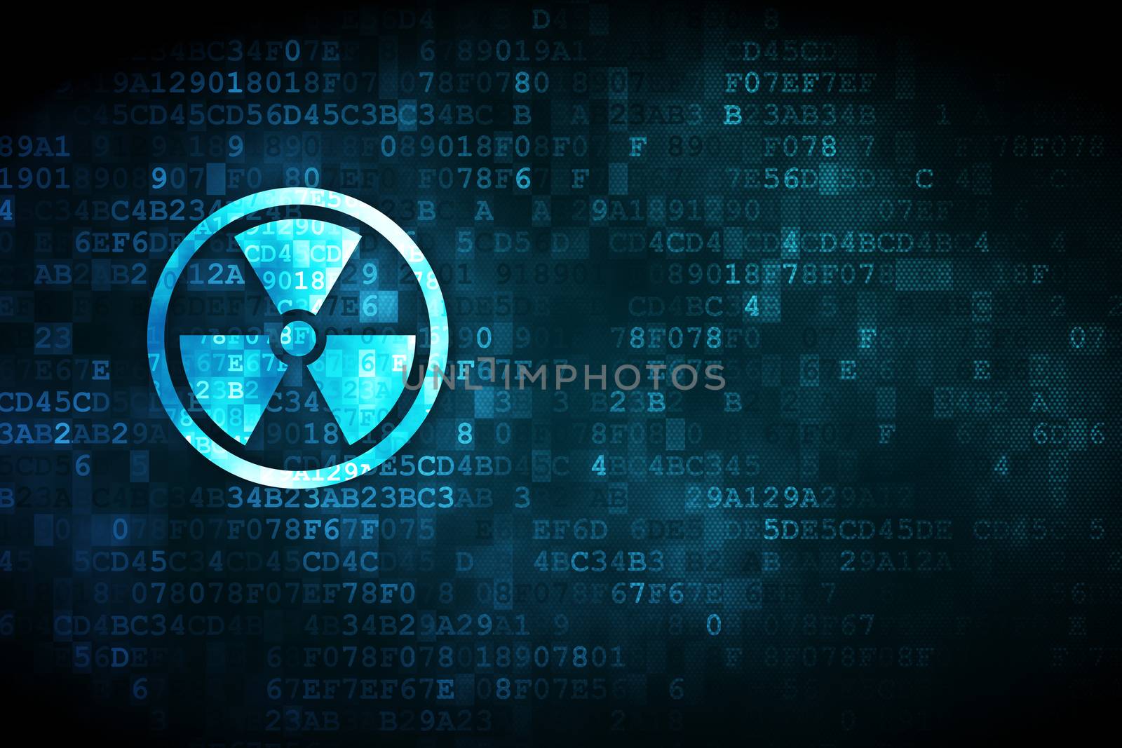 Science concept: pixelated Radiation icon on digital background, empty copyspace for card, text, advertising