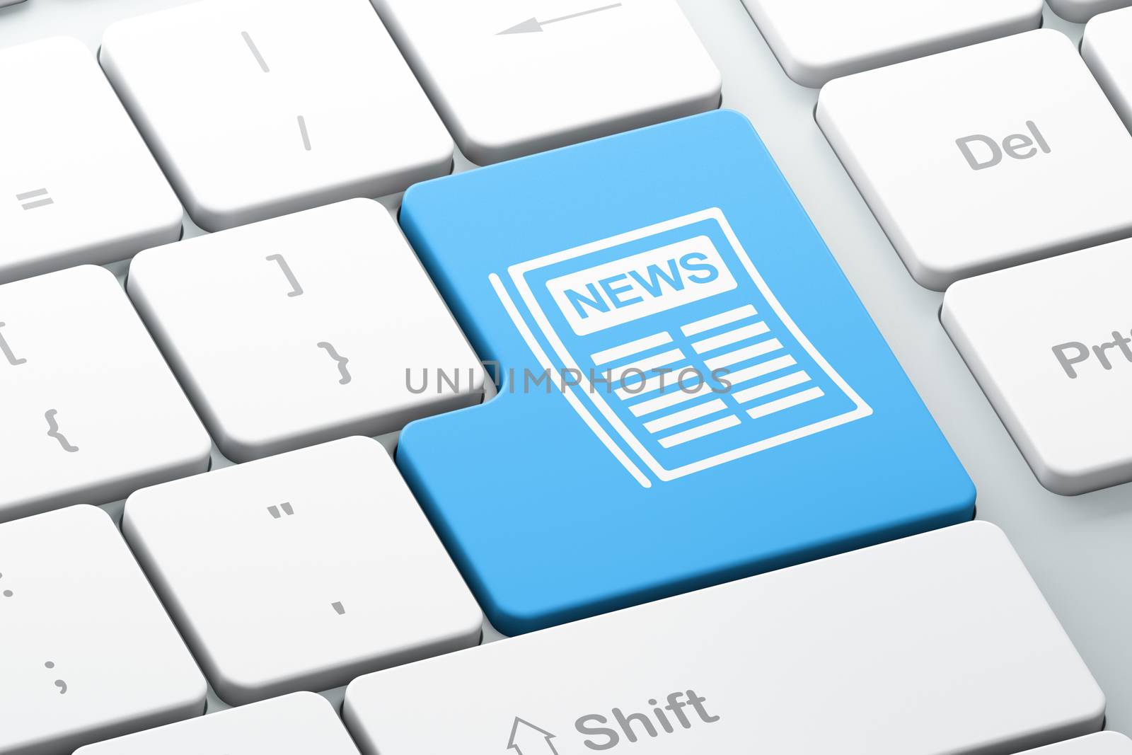 News concept: Enter button with Newspaper on computer keyboard background, 3D rendering