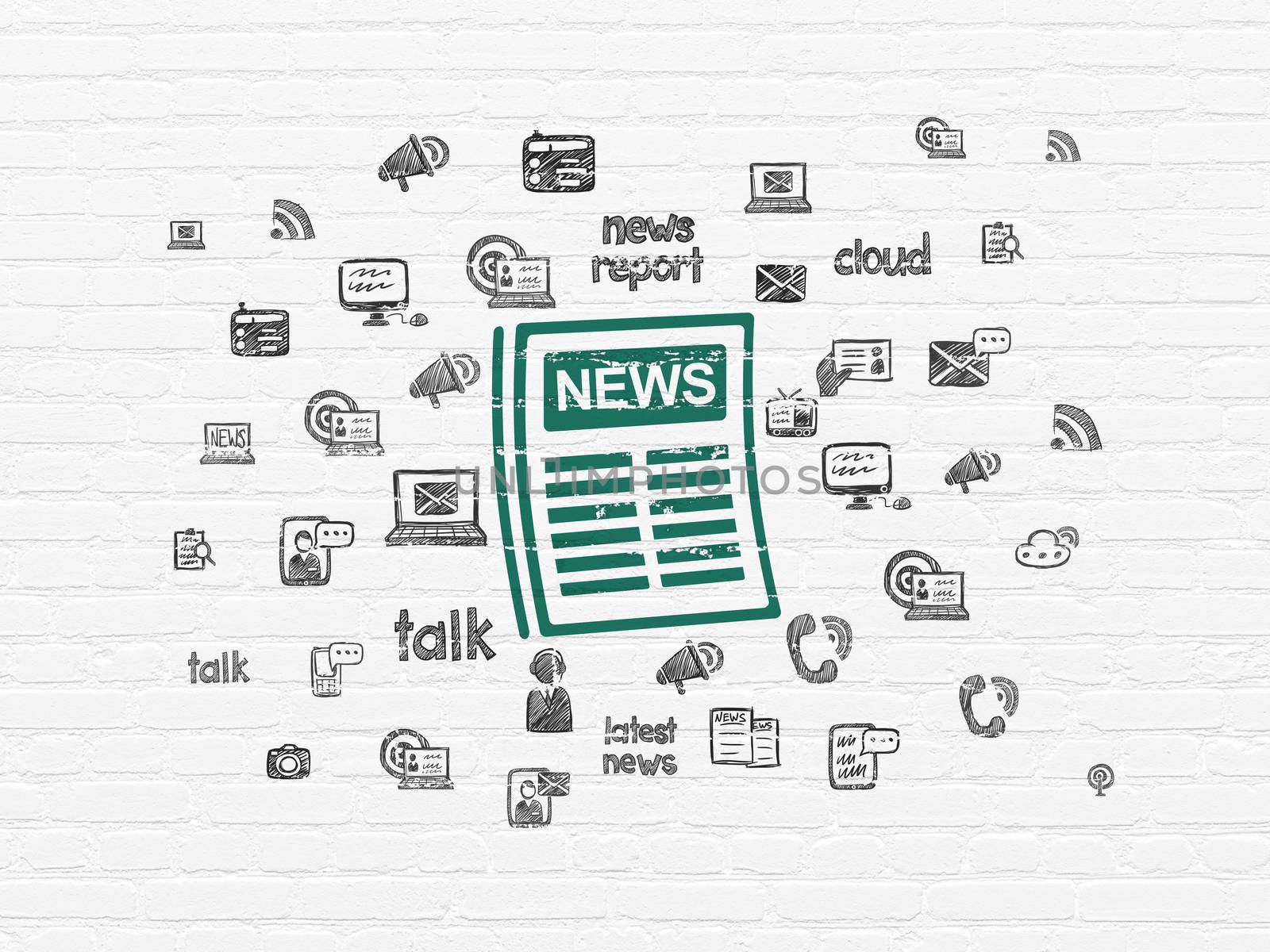 News concept: Painted green Newspaper icon on White Brick wall background with  Hand Drawn News Icons