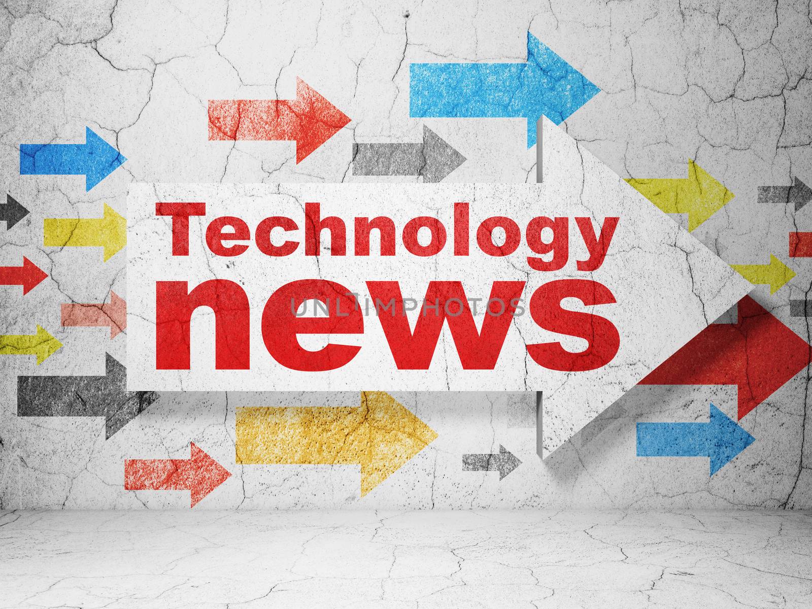 News concept:  arrow with Technology News on grunge textured concrete wall background, 3D rendering