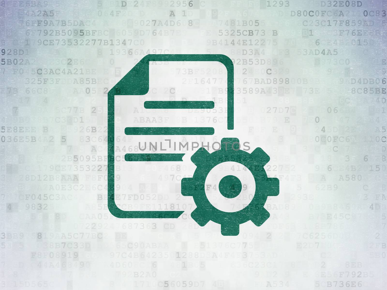 Software concept: Painted green Gear icon on Digital Data Paper background