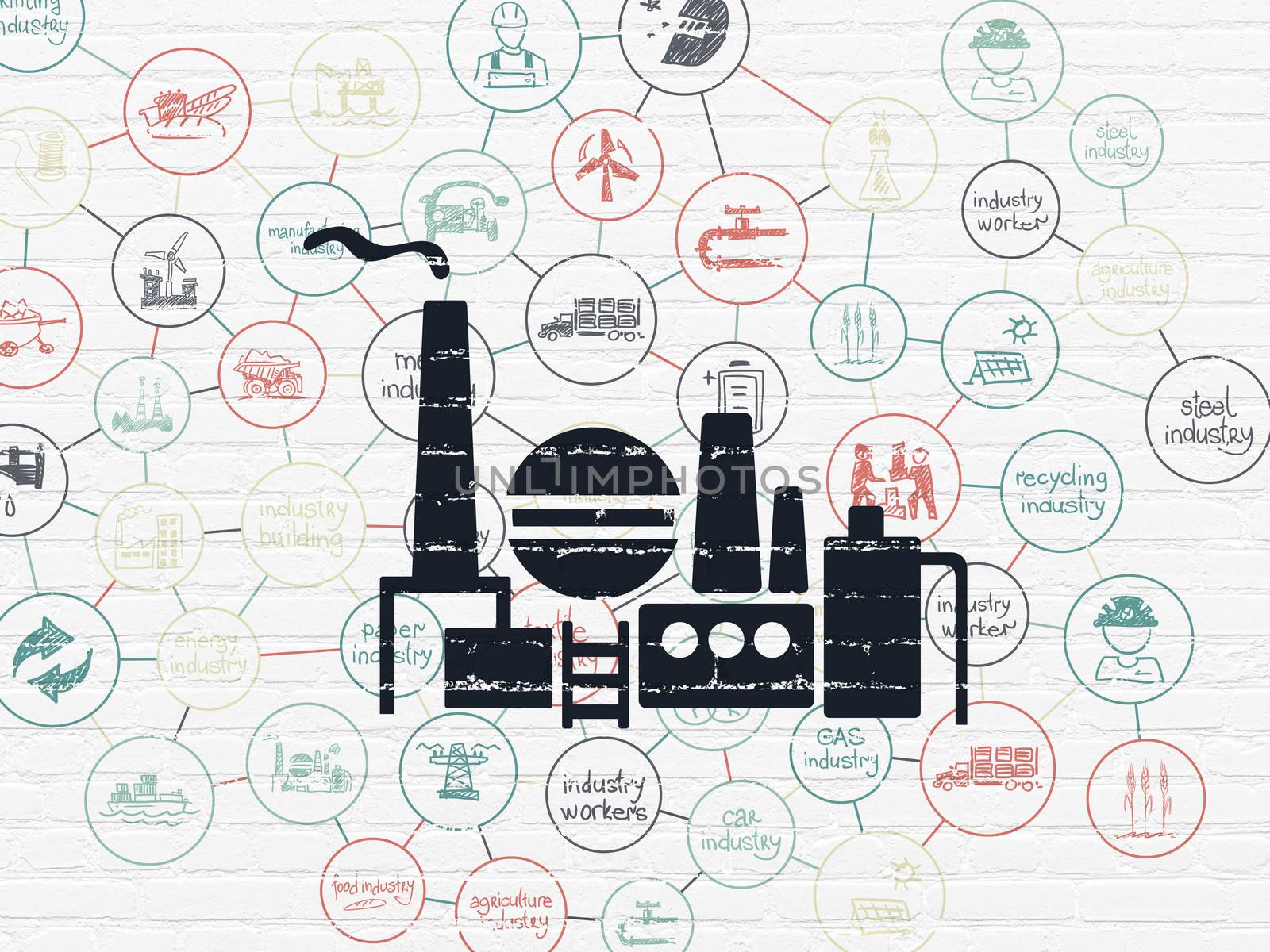Industry concept: Painted black Oil And Gas Indusry icon on White Brick wall background with Scheme Of Hand Drawn Industry Icons