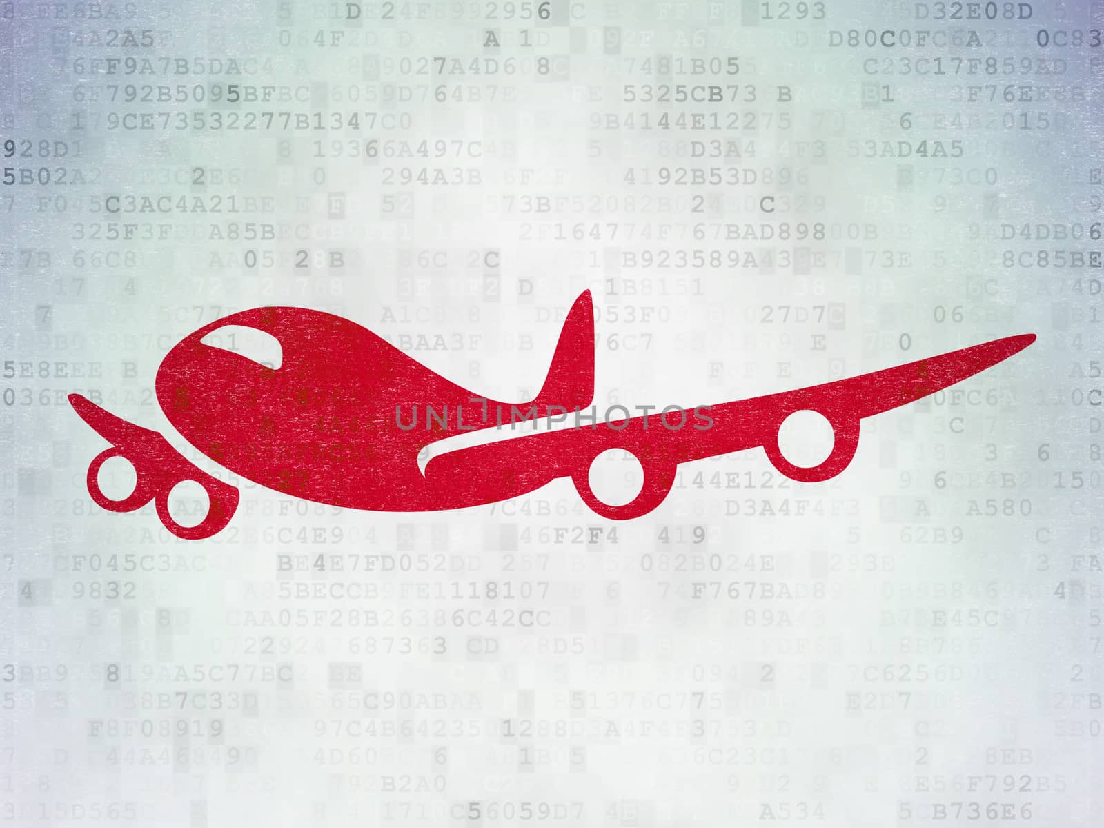 Travel concept: Painted red Airplane icon on Digital Data Paper background