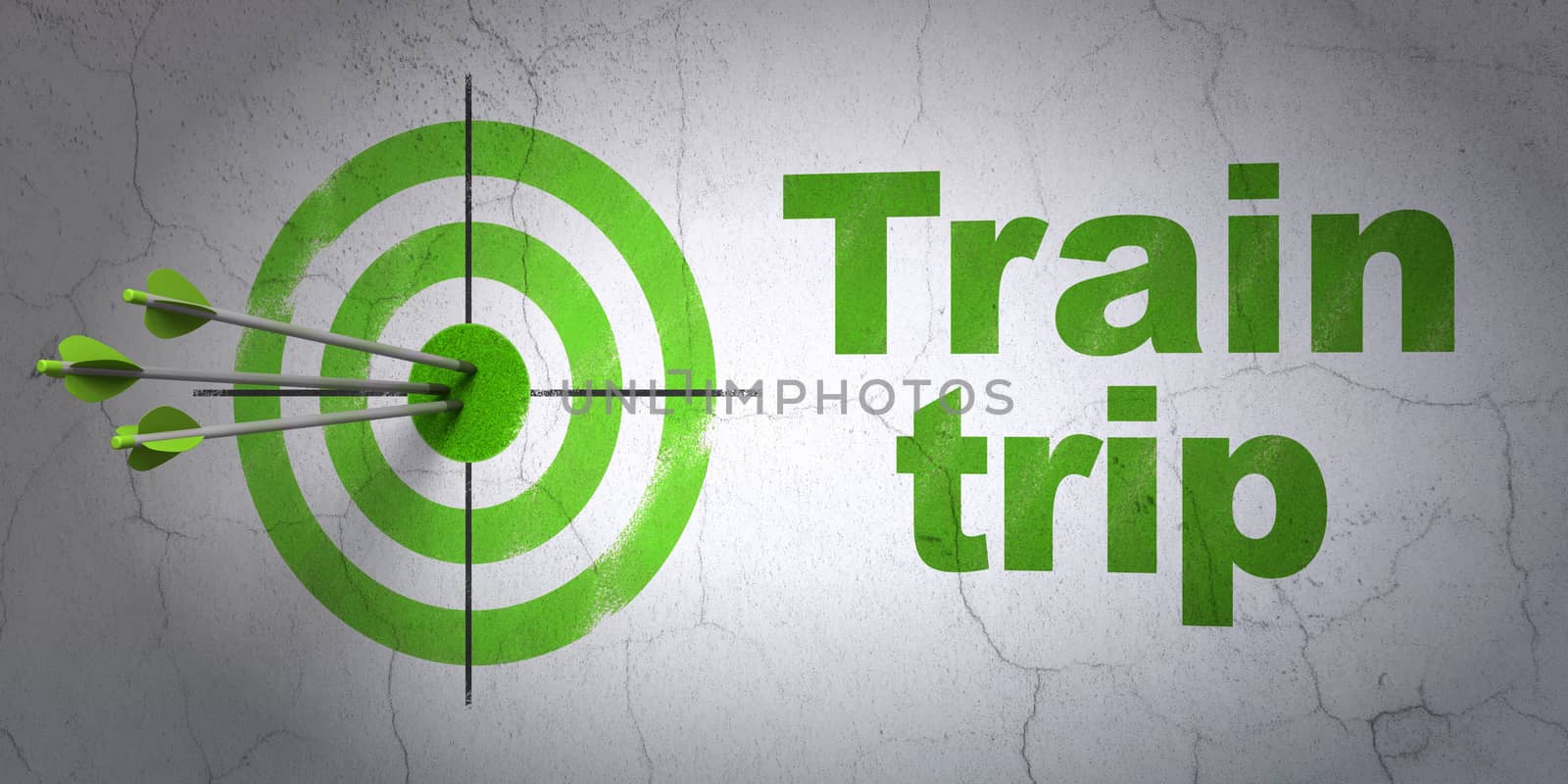Success vacation concept: arrows hitting the center of target, Green Train Trip on wall background, 3D rendering